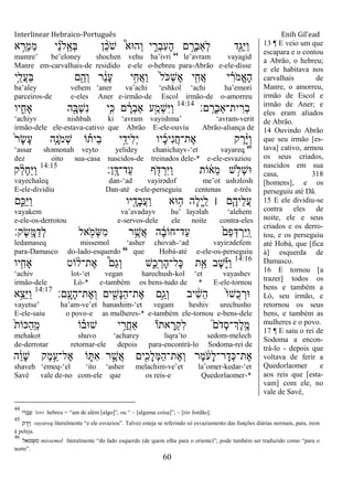 Interlinear Hebraico-Português Enih Gil’ead
60
‫א‬ ֵָ֣‫ְר‬‫מ‬ַ‫מ‬ ‫י‬ֵ‫נ‬‫ָֹֽל‬ ֵ‫ְא‬‫ֺא‬ ‫ן‬ ֵָ֨‫כ‬ֹ ‫ש‬ ֩‫ְה־אא‬‫ו‬ ‫י‬ ִִ֑‫ְר‬‫ב‬ִ‫ע‬ָ‫ה‬ ‫ם‬ ָָ֣‫ְר‬‫ב‬‫ְַא‬‫ל‬ ‫ִׁ֖ד‬ֵ‫ַֻא‬‫ׁא‬ַ‫ו‬
mamre‟ be‟eloney shochen vehu ha‟ivri 44
le‟avram vayagid
Manre em-carvalhais-de residido e-ele o-hebreu para-Abrão e-ele-disse
‫ֵ֥י‬ֵ‫ֲל‬‫ע‬ַ‫ֺא‬ ‫ם‬ִֵׁ֖‫ְה‬‫ו‬ ‫ר‬ ֵֹ֔‫נ‬ָ‫ע‬ ‫י‬ִָ֣‫ֲח‬‫א‬ַ‫ו‬ ֹ֙‫ל‬ֹ ‫ְ׃א‬‫ש‬ֶ‫א‬ ‫י‬ִִ֤‫ֲח‬‫א‬ ‫י‬ ִָ֗‫ֹר‬ ‫ֱמ‬‫א‬ָ‫ה‬
ba‟aley vehem „aner va‟achi „eshkol „achi ha‟emori
parceiros-de e-eles Aner e-irmão-de Escol irmão-de o-amorreu
‫ם׃‬ָֽ ָ‫ְר‬‫ב‬‫ית־ַא‬ ִ‫ְר‬‫ב‬14:14
‫יו‬ ִִ֑‫ָאח‬ ‫ה‬ִָׁ֖‫ְֺא‬‫ש‬ִ‫נ‬ ‫ֵ֥י‬ִ‫׃א‬ ‫ם‬ ָֹ֔‫ְר‬‫ב‬‫ַא‬ ‫ע‬ַָ֣‫ְמ‬‫ש‬ִ‫ׁא‬ַ‫ו‬
„achiyv nishbah ki „avram vayishma‟ „avram-verit
irmão-dele ele-estava-cativo que Abrão E-ele-ouviu Abrão-aliança de
ֹ֙‫ר‬ָ‫ׂש‬ָ‫ע‬ ‫ִ֤ה‬ָ‫ֹנ‬ ‫ְמ‬‫ש‬ ‫ֹו‬ ָ֗‫ֵית‬‫ב‬ ‫י‬ֵָ֣‫ִיד‬‫ל‬ְ‫י‬ ‫יו‬ָ‫כ‬‫ִי‬‫נ‬ֲ‫ח‬‫ֶת־‬‫א‬ ‫ק‬ ֶ‫ר‬ָָ֨‫ׁא‬ַ‫ו‬
„assar shəmonah veyto yelidey chanichayv-„et vayareq 45
dez oito sua-casa nascidos-de treinados dele-* e-ele-esvaziou
‫ָֽן׃‬ ָ‫ַד־ּא‬‫ע‬ ‫ף‬ ִֹׁ֖ ‫ּא‬ ְ‫ִר‬‫ׁא‬ַ‫ו‬ ‫ֹות‬ ֹ֔‫ֵא‬‫מ‬ ‫ש‬ ָ֣‫ְֹל‬‫ש‬‫־א‬14:15
‫ק‬ ֵָ֨‫ל‬ָ‫ח‬ֵ‫ׁא‬ַ‫ו‬
vayechaleq dan-„ad vayirədof me‟ot ushəlosh
E-ele-dividiu Dan-até e-ele-perseguiu centenas e-três
‫ִ֑ם‬ֵ‫ַ׃א‬‫ׁא‬ַ‫ו‬ ‫יו‬ ִָׁ֖‫ָד‬‫ב‬ֲ‫ע‬ַ‫ו‬ ‫־אא‬ ֵ֥‫ה‬ ‫ָה‬‫ל‬ְ‫י‬ִַ֛‫ל‬ ‫׀‬ ‫ַּ֧ם‬ֶ‫ֵיה‬‫ל‬ֲ‫ע‬
vayakem va‟avadayv hu‟ layəlah „alehem
e-ele-os-derrotou e-servos-dele ele noite contra-eles
‫ֶק׃‬‫ׂש‬ָֽ ָ‫ׅא‬ַ‫ְד‬‫ל‬ ‫אל‬ ִֹׁ֖ ‫ְמ‬‫ש‬ִ‫מ‬ ‫ר‬ֵֶ֥‫ֲש‬‫א‬ ‫ה‬ ָֹ֔‫ב‬‫ַד־חֹו‬‫ע‬ ֹ֙‫ֵם‬‫פ‬ְ‫ּא‬ ְ‫ִר‬‫ׁא‬ַ ָֽ‫ו‬
ledamaseq missemol „asher chovah-„ad vayirədefem
para-Damasco do-lado-esquerdo 46
que Hobá-até e-ele-os-perseguiu
14:16
‫יו‬ִִ֤‫ָאח‬ ‫ֹוט‬ ָ֨‫ֶת־ל‬‫א‬ ֩‫ַם‬‫ג‬ְ‫ו‬ ‫ִ֑ש‬ֺ‫כ‬ ְ‫ָר‬‫ה‬‫ָל־‬‫׃א‬ ‫ת‬ִֵׁ֖‫א‬ ‫ֶב‬‫ש‬ָ‫ׁא‬ַ‫ו‬
„achiv lot-„et vegan harechush-kol „et vayashev
irmão-dele Ló-* e-também os bens-tudo de * E-ele-tornou
‫ָֽם׃‬ ָ‫ָע‬‫ה‬‫ֶת־‬‫א‬ְ‫ו‬ ‫ים‬ ִִׁ֖‫ָש‬‫׆א‬ַ‫ה‬‫ֶת־‬‫א‬ ‫ֵ֥ם‬ַ‫ְג‬‫ו‬ ‫יב‬ ִֹ֔‫ש‬ֵ‫ה‬ ֹ֙‫ֹו‬‫ֺש‬‫כ‬ ְ‫־אר‬14:17
‫ָ֣א‬ֵ‫ֵצ‬‫ׁא‬ַ‫ו‬
vayetse‟ ha‟am-ve‟et hanashim-„et vegam heshiv urechusho
E-ele-saiu o povo-e as mulheres-* e-também ele-tornou e-bens-dele
ֹ֙‫ת‬‫ַ׃אֹו‬‫ה‬ֵ ָֽ‫מ‬ ‫ֹו‬ ָ֗‫ש־אב‬ ‫י‬ ֵָ֣‫ֲר‬‫ח‬‫ַא‬ ‫אתֹו‬ ָ‫ְר‬‫ק‬ִ‫ל‬ ֮‫ֹם‬ ‫ְד‬‫ס‬‫ְֶך־‬‫ל‬ָֽ ֶ‫מ‬
mehakot shuvo „acharey liqra‟to sedom-melech
de-derrotar retornar-ele depois para-encontrá-lo Sodoma-rei de
‫ה‬ֵֹ֔‫ו‬ָ‫ש‬ ‫ֶק‬‫מ‬ֵָ֣‫ֶל־ע‬‫א‬ ‫ֹו‬ ִ֑ ִ‫א‬ ‫ר‬ ֶָ֣‫ֲש‬‫א‬ ‫ים‬ִִׁ֖‫ָכ‬‫ל‬ְ‫ׅא‬ַ‫ה‬‫ֶת־‬‫א‬ְ‫ו‬ ‫ֶר‬‫מ‬ ֹֹ֔ ‫ָע‬‫ל‬‫ר־‬ָ‫ְד‬‫׃א‬‫ֶת־‬‫א‬
shaveh „emeq-„el „ito „asher melachim-ve‟et la‟omer-kedar-„et
Savé vale de-no com-ele que os reis-e Quedorlaomer-*
13 ¶ E veio um que
escapara e o contou
a Abrão, o hebreu;
e ele habitava nos
carvalhais de
Manre, o amorreu,
irmão de Escol e
irmão de Aner; e
eles eram aliados
de Abrão.
14 Ouvindo Abrão
que seu irmão [es-
tava] cativo, armou
os seus criados,
nascidos em sua
casa, 318
[homens], e os
perseguiu até Dã.
15 E ele dividiu-se
contra eles de
noite, ele e seus
criados e os derro-
tou, e os perseguiu
até Hobá, que [fica
à] esquerda de
Damasco.
16 E tornou [a
trazer] todos os
bens e também a
Ló, seu irmão, e
retornou os seus
bens, e também as
mulheres e o povo.
17 ¶ E saiu o rei de
Sodoma a encon-
trá-lo - depois que
voltava de ferir a
Quedorlaomer e
aos reis que [esta-
vam] com ele, no
vale de Savé,
44
‫י‬ ִ‫ר‬ ְ‫ב‬ ִ‫ף‬ „ivri hebreu = “um de além [algo]”, ou “ ~ [alguma coisa]”; ~ [rio Jordão].
45
‫ק‬ ֶ‫ר‬ָ‫י‬ ַ‫ו‬ vayareq literalmente “e ele esvaziou”. Talvez esteja se referindo só esvaziamento das funções diárias normais, para, irem
à peleja.
46
‫אל‬ֹ ‫מ‬ ְ‫ש‬ ִ‫מ‬ missemol literalmente “do lado esquerdo (de quem olha para o oriente)”; pode também ser traduzido como “para o
norte”.
 