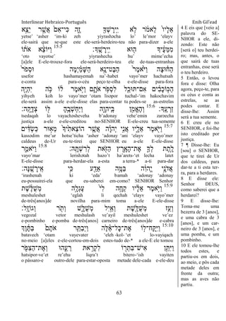 Interlinear Hebraico-Português Enih Gil’ead
63
‫ָ֣א‬ֵ‫ֵצ‬‫י‬ ‫ר‬ ֶָ֣‫ֲש‬‫א‬ ֹ֙‫ִם‬‫א‬‫ִי־‬‫׃א‬ ‫ִ֑ה‬ֶ‫ז‬ ִׁ֖‫ְָך‬‫ש‬ ָ‫ָֽיר‬ ִ‫י‬ ‫א‬ ֵ֥‫ֹל‬ ‫ר‬ ֹֹ֔ ‫ֵאמ‬‫ל‬ ֹ֙‫ו‬‫ָי‬‫ל‬ֵ‫א‬
yetse‟ „asher „im-ki zeh yiyrashəcha lo‟ le‟mor „elayv
ele-sairá que se-que este ele-será-herdeiro-teu não para-dizer a-ele
‫ָָֽך׃‬ ֶ‫ש‬ ָ‫ָֽיר‬ ִ‫י‬ ‫־אא‬ ִׁ֖‫ה‬ ‫יָך‬ ֶֹ֔‫ע‬ֵ‫ׅא‬ִ‫מ‬15:5
‫ֹו‬‫ֹת‬ ‫א‬ ‫א‬ ֵָ֨‫צ‬‫ַׁאֹו‬‫ו‬
„oto vayotse‟ yiyrashecha hu‟ mime‟echa
[a]ele E-ele-trouxe-fora ele-será-herdeiro-teu ele de-tuas-entranhas
ֹ֙‫ר‬ֹ ‫ְפ‬‫ס‬‫־א‬ ‫ָה‬‫מ‬ְ‫י‬ ַָ֗‫מ‬ָ‫ש‬ַ‫ה‬ ‫ָ֣א‬ָ‫ֶט־נ‬‫ֺא‬ַ‫ה‬ ֹ֙‫ר‬ֶ‫מ‬‫ֹ֙א‬ֹ ‫ַׁא‬‫ו‬ ‫ָה‬‫צ‬‫־א‬ ָ֗‫ַח‬‫ה‬
usefor hashamayemah na‟-habet vayo‟mer hachutsah
e-conta para-o-céu peço te-olha e-ele-disse para-fora
‫ים‬ ִֹ֔‫ב‬ָ‫כ‬‫ֹו‬ ָ֣‫ַ׃א‬‫ה‬ִ‫א‬‫ִׁ֖ה‬ֶ‫י‬ְ‫ה‬ִ‫י‬ ‫ה‬ ֵֹ֥ ‫׃א‬ ‫ֹו‬ ֹ֔‫ל‬ ‫ֶר‬‫מ‬‫ָ֣א‬ֹ ‫ַׁא‬‫ו‬ ‫ם‬ ִָ֑‫ֹת‬ ‫א‬ ‫ר‬ ָֹ֣ ‫ְפ‬‫ס‬ִ‫ל‬ ‫ל‬ִַׁ֖‫־אכ‬ ‫ם־‬
yihyeh koh lo vayo‟mer „otam lisəpor tuchal-„im hakochavim
ele-será assim a-ele e-ele-disse elas para-contar tu podes-se as-estrelas
‫ָָֽך׃‬ ֶ‫ע‬ ְ‫ַר‬‫ז‬15:6
‫ה׃‬ָֽ ָ‫ק‬ָ‫ְד‬‫צ‬ ‫ֹו‬ ִׁ֖‫ׄא‬ ָ‫ה‬ֵֶ֥‫ְב‬‫ש‬ְ‫ח‬ַ‫ׁא‬ַ‫ו‬ ‫ִ֑ה‬ָ‫ַיהו‬ ָֽ‫ֺא‬ ‫ן‬ִִׁ֖‫ֱמ‬‫א‬ֶ‫ה‬ְ‫ו‬
tsedaqah lo vayachəsheveha b‟adonay vehe‟emin zarəecha
justiça a-ele e-ele-creditou no-SENHOR E-ele-creu tua-semente
15:7
‫ים‬ ִֹ֔‫ְּא‬‫ׂש‬ַ‫׃א‬ ‫־אר‬ ָ֣‫ֵא‬‫מ‬ ֹ֙‫ָך‬‫ֹ֙י‬ִ‫ֵאת‬‫צ‬‫הֹו‬ ‫ר‬ ִֶ֤‫ֲש‬‫א‬ ‫ה‬ָָ֗‫ו‬‫ְה‬‫י‬ ‫ָ֣י‬ִ‫נ‬ֲ‫א‬ ‫ִ֑יו‬ָ‫ֵל‬‫א‬ ‫ֶר‬‫מ‬‫א‬ִֹׁ֖ ‫ַׁא‬‫ו‬
kassədim me‟ur hotse‟ticha „asher „adonay „ani „elayv vayo‟mer
caldeus de-Ur eu-te-tirei que SENHOR eu a-ele E-ele-disse
‫ָֽֽא׃‬ ָ ְ‫ש‬ ִ‫ְר‬‫ל‬ ‫את‬ִֹׁ֖ ‫ַֿא‬‫ה‬ ‫ץ‬ ֶ‫ֵ֥ר‬ָ‫ָא‬‫ה‬‫ֶת־‬‫א‬ ִ֛‫ְָך‬‫ל‬ ‫ת‬ֶ‫ַּ֧ת‬ָ‫ל‬15:8
‫ר‬ִַ֑‫ֹאמ‬ ‫ַׁא‬‫ו‬
vayo‟mar lerishətah hazo‟t ha‟arets-„et lecha latet
E-ele-disse para-herdar-ela a-esta a terra-* a-ti para-dar
‫ָה׃‬‫׆א‬ָֽ ֶ‫ש‬ ָ‫ִיר‬ ָֽ‫א‬ ‫ֵ֥י‬ִ‫׃א‬ ‫ע‬ ִַׁ֖‫ֵד‬‫א‬ ‫ֵ֥ה‬ָ‫ַׅא‬‫ֺא‬ ‫ה‬ִֹ֔‫ו‬‫ֱה‬‫י‬ ‫ָ֣י‬ָ‫ֹנ‬ ‫ֲד‬‫א‬
„irashenah ki „eda‟ bamah „adonay „adonay
eu-possuirei-ela que eu-saberei em-como? SENHOR Senhor
15:9
‫ֶת‬‫ש‬ ֶֹ֔‫ׄא‬ֺ‫ש‬ְ‫מ‬ ‫ָ֣ה‬ָ‫ְל‬‫ג‬ֶ‫ע‬ ֹ֙‫י‬ִ‫ל‬ ‫ה‬ֵָ֥‫ְח‬‫ק‬ ‫יו‬ ָָ֗‫ל‬ֵ‫א‬ ‫ֶר‬‫מ‬‫ָ֣א‬ֹ ‫ַׁא‬‫ו‬
meshuleshet „eglah li qechah „elayv vayo‟mer
de-três[anos]de novilha para-mim toma a-ele E-ele-disse
‫ָֽל׃‬ ָ‫ז‬‫ְגֹו‬‫ו‬ ‫ר‬ ִֹׁ֖ ‫ְת‬‫ו‬ ‫ִ֑ש‬ָ‫ֺׄא‬‫ש‬ְ‫מ‬ ‫ִל‬‫י‬ַָ֣‫ְא‬‫ו‬ ‫ֶת‬‫ש‬ִֶׁ֖‫ֺׄא‬‫ש‬ְ‫מ‬ ‫ֵ֥ז‬ֵ‫ְע‬‫ו‬
vegozal vetor meshulash ve‟ayil meshuleshet ve‟ez
e-pombinho e-pomba de-três[anos] carneiro de-três[anos]de e-cabra
15:10
‫ְֶך‬‫ו‬ ָֹ֔ ַ‫ֺא‬ ֹ֙‫ם‬ָ‫ֹת‬ ‫א‬ ‫ר‬ִֵ֤ ַ‫ב‬ְ‫י‬ַ‫ו‬ ‫ֶה‬‫ׄא‬ ֵָ֗‫א‬‫ָל־‬‫׃א‬‫ֶת־‬‫א‬ ‫ֹו‬ ָ֣‫ָֽח־ל‬ ַָֽ ִ‫ׁא‬ַ‫ו‬
batavech „otam vayevater „eleh -kol- „et lo-vayiqach
no-meio [a]eles e-ele-cortou-em-dois estes-tudo de-* a ele-E ele tomou
‫ר‬ ִֹׁ֖ ‫ִפ‬‫צ‬ַ‫ה‬‫ֶת־‬‫א‬ְ‫ו‬ ‫ה־א‬ִֵ֑‫ע‬ ֵ‫ר‬ ‫א‬ ַָ֣‫ְר‬‫ק‬ִ‫ל‬ ‫ֹו‬ ִׁ֖‫ר‬ְ‫ִת‬‫ֺא‬‫ִיש־‬‫א‬ ‫ן‬ֵֵ֥ ִ‫ׁא‬ַ‫ו‬
hatsipor-ve‟et re‟ehu liqra‟t bitero-„ish vayiten
o pássaro-e outro-dele para-estar-oposta metade dele-cada e-ele-deu
4 E eis que [veio a]
palavra do SE-
NHOR a ele, di-
zendo: Este não
[será o] teu herdei-
ro; mas, antes, o
que sairá de tuas
entranhas, esse será
o teu herdeiro.
5 Então, o levou
fora e disse: Olha
agora, peço-te, para
os céus e conta as
estrelas, se as
podes contar. E
disse-lhe: Assim
será a tua semente.
6 E creu ele no
SENHOR, e foi-lhe
isto creditado por
justiça.
7 ¶ Disse-lhe: Eu
[sou] o SENHOR,
que te tirei de Ur
dos caldeus, para
dar-te a ti esta ter-
ra, para a herdares.
8 E disse ele:
Senhor DEUS,
como saberei que a
herdarei?
9 E disse-lhe:
Toma-me uma
bezerra de 3 [anos],
e uma cabra de 3
[anos], e um car-
neiro de 3 [anos], e
uma pomba, e um
pombinho.
10 E ele tomou-lhe
todos estes, e
partiu-os em dois,
ao meio, e pôs cada
metade deles em
frente da outra;
mas as aves não
partiu.
 