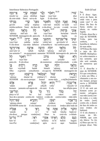 Interlinear Hebraico-Português Enih Gil’ead
67
‫ָֽ־אר׃‬‫ש‬16:8
‫ֵ֥ה‬ֶ‫ֿא‬ִ‫מ‬‫ָֽי־‬ ֵ‫א‬ ‫י‬ ִַ֛‫ָר‬‫ׂש‬ ‫ת‬ֵַ֥‫ְח‬‫פ‬ִ‫ש‬ ‫ר‬ ִָ֞‫ג‬ָ‫ה‬ ‫ר‬ ַָ֗‫מ‬‫ֹא‬ ‫ַׁא‬‫ו‬
mizeh-„ey saray shifchat hagar vayo‟mer shur
de este-onde Sarai serva-de Agar E-ele-disse Sur
‫י‬ ִֹ֔ ְ‫ִר‬‫ב‬ְ‫ֻא‬ ‫י‬ ַָ֣‫ָר‬‫ׂש‬ ֹ֙‫י‬ֵ‫נ‬ְ‫פ‬ִ‫מ‬ ‫ֶר‬‫מ‬‫א‬ֹ ַ‫ו‬ ‫ִי‬‫כ‬ִֵ֑‫ל‬ֵ‫ת‬ ‫ָה‬‫נ‬ָָ֣‫ְא‬‫ו‬ ‫את‬ִָׁ֖‫ב‬
gevirti saray mipney vato‟mer telechi ve‟anah va‟t
minha-senhora Sarai da-face-de e-ela-disse tu-vais e-onde tu-vens
‫ַת׃‬‫ח‬ָֽ ַ‫ֹר‬ ‫ֺא‬ ‫י‬ִִׁ֖‫ֹכ‬ ‫ָאנ‬16:9
‫ה‬ָֹ֔‫ו‬‫ְה‬‫י‬ ‫ְך‬ַָ֣‫ְא‬‫ל‬ַ‫מ‬ ֹ֙‫ָֽא‬‫ל‬ ‫ֶר‬‫מ‬‫ִ֤א‬ֹ ‫ַׁא‬‫ו‬
„adonay mal‟ach lah vayo‟mer borachat „anochi
SENHOR mensageiro-de para-ela E-ele-disse fugida eu
‫ָ׃‬‫ה‬‫ָֽי‬ ֶ‫ָד‬‫י‬ ‫ַת‬‫ח‬ֵַ֥ ‫ִׁ֖י‬ִ‫׆א‬ַ‫ע‬ְ‫ִת‬‫ה‬ְ‫ו‬ ‫ְך‬ ִֵ֑ ְ‫ִר‬‫ב‬ְ‫ֻא‬‫ֶל־‬‫א‬ ‫ִי‬‫ב‬‫־א‬ ִׁ֖‫ש‬16:10
‫ֶר‬‫מ‬‫ִ֤א‬ֹ ‫ַׁא‬‫ו‬
vayo‟mer yadeha tachat vehitə‟ani gevirtech-„el shuvi
E-ele-disse sua-mão debaixo e-humilha-te tua senhora-para volta
‫ְך‬ִֵ֑‫ע‬ ְ‫ַר‬‫ז‬‫ֶת־‬‫א‬ ‫ה‬ִֶׁ֖‫ֺא‬ ְ‫ַאר‬ ‫ֵ֥ה‬ָ‫ֺא‬ ְ‫ַר‬‫ה‬ ‫ה‬ָֹ֔‫ו‬‫ְה‬‫י‬ ‫ְך‬ַָ֣‫ְא‬‫ל‬ַ‫מ‬ ֹ֙‫ָֽא‬‫ל‬
zarə‟ech-„et „arbeh harbah „adonay mal‟ach lah
tua semente-* eu-aumentarei aumentar SENHOR mensageiro-de para-ela
‫ב׃‬ ָֹֽ ‫ֵר‬‫מ‬ ‫ר‬ִֵׁ֖‫ָפ‬‫ׇא‬ִ‫י‬ ‫א‬ ֵ֥‫ְֹל‬‫ו‬16:11
ֹ֙‫ָֽא‬‫ל‬ ‫ֶר‬‫מ‬‫ִ֤א‬ֹ ‫ַׁא‬‫ו‬
lah vayo‟mer merov yissafer velo‟
para-ela E-ele-disse de-numeroso ele[será]contado e-não
‫ן‬ִֵ֑‫ֺא‬ ְ ְ‫ָ֣ד‬ַ‫ֹל‬ ‫ְי‬‫ו‬ ‫ה‬ ִָׁ֖‫ָר‬‫ה‬ ‫ְֵ֥ך‬ָ‫ִ׆א‬‫ה‬ ‫ה‬ָֹ֔‫ו‬‫ְה‬‫י‬ ‫ְך‬ַָ֣‫ְא‬‫ל‬ַ‫מ‬
ben veyoladt harah hinach „adonay mal‟ach
filho e-gerarás concebestes eis-que-tu SENHOR mensageiro-de
‫ִׁ֖ה‬ָ‫ְהו‬‫י‬ ‫ֵ֥ע‬ַ‫ָמ‬‫ש‬‫ָֽי־‬ ִ‫׃א‬ ‫אל‬ ֵֹ֔‫ע‬ָ‫מ‬ְ‫ש‬ִ‫י‬ ֹ֙‫ֹו‬‫ְמ‬‫ש‬ ‫את‬ ִָ֤‫ָר‬‫ק‬ְ‫ו‬
„adonay shama‟-ki yishma‟e‟l shemo veqara‟t
SENHOR ele ouviu-porque Ismael nome-dele e-tu[lhe]chamarás
‫ְך׃‬ָֽ ֵ‫י‬ְ‫נ‬ָ‫ע‬‫ֶל־‬‫א‬16:12
‫ם‬ ָֹ֔‫ָאד‬ ‫א‬ ֶ‫ָ֣ר‬ֶ‫פ‬ ֹ֙‫ֶה‬‫י‬ְ‫ה‬ִ‫י‬ ‫־אא‬ ִ֤‫ְה‬‫ו‬
„adam pere‟ yihyeh vehu‟ „anyech-„el
homem jumento-selvagem-de ele-será E-ele tua aflição-para
‫ֵ֥י‬ֵ‫ְנ‬‫פ‬‫ַל־‬‫ע‬ְ‫ו‬ ‫ֹו‬ ִ֑‫ֺא‬ ‫ל‬ ִֹׁ֖ ‫׃א‬ ֹ ‫ֵ֥ד‬ַ‫י‬ְ‫ו‬ ‫ל‬ ֹֹ֔ ‫ַ׃א‬‫ב‬ ‫ֹו‬ ָ֣‫ָד‬‫י‬
pney-ve‟al bo kol veyad vakol yado
face de-e perante contra-ele todo[s] e-mão-de contra-todos mão-dele
‫ָֽן׃‬ֹ ‫ְ׃א‬‫ש‬ִ‫י‬ ‫יו‬ ִָׁ֖‫ֶח‬‫א‬‫ָל־‬‫כ‬16:13
ֹ֙‫ָה‬‫ו‬‫ְה‬‫י‬‫ֵם־‬‫ש‬ ‫א‬ ִָ֤‫ְר‬‫ק‬ִ ַ‫ו‬
„adonay-shem vatiqra‟ yishkon „echayv-chol
SENHOR-nome de E-ela-chamou ele-viverá irmãos dele-tudo de
‫ה‬ ָָ֗‫ְר‬‫מ‬ָ ָֽ‫א‬ ‫ָ֣י‬ִ‫׃א‬ ‫י‬ִִ֑‫א‬ ֳ‫ר‬ ‫ל‬ֵָ֣‫א‬ ‫ה‬ ִָׁ֖ ַ‫א‬ ָ‫ה‬‫י‬ ֶֹ֔‫ל‬ֵ‫א‬ ‫ר‬ֵָ֣‫ֹב‬ ‫ַּא‬‫ה‬
„amrah ki ro‟i „el „atah „eleyha hadover
ela-disse porque vendo[me] Deus tu com-ela o-falado
‫ָֽי׃‬ ִ‫ֹא‬ ‫ר‬ ‫י‬ ֵֵ֥‫ֲר‬‫ח‬‫ַא‬ ‫י‬ִ‫ית‬ִִׁ֖‫א‬ ָ‫ר‬ ‫ם‬ ִ֛‫ֲֹל‬‫ה‬ ‫ֵ֥ם‬ַ‫ֲג‬‫ה‬16:14
ֹ֙‫ן‬ֵ‫׃א‬‫ַל־‬‫ע‬
ken-„al ro‟i „acharey ra‟iti halom hagam
isso-Por vendo[me] após eu-vi aqui ?também
Sur.
8 E disse: Agar,
serva de Sarai, de
onde vens e para
onde vais? E ela
disse: Da face de
Sarai, minha se-
nhora, eu venho
fugida.
9 Então, disse-lhe o
anjo do SENHOR:
Volta, para tua
senhora, e
humilha-te debaixo
de suas mãos.
10 ¶ Disse-lhe mais
o anjo do SE-
NHOR: Multiplica-
rei sobre-maneira a
tua semente, que
não será contada,
de numerosa que
será.
11 E disse-lhe o
anjo do SENHOR:
Eis que concebeste,
e terás um filho, e
chamarás o seu no-
me Ismael, porque
ouviu o SENHOR
a tua aflição.
12 E ele será um
homem como ju-
mento selvagem;
sua mão [será] con-
tra todos, e a mão
de todos [será]
contra ele; e diante
da face de todos os
seus irmãos ele
habitará.
13 E ela chamou o
nome do SE-
NHOR, que com
ela falava: Tu [és
o] Deus que me vê;
porque disse: Não
 