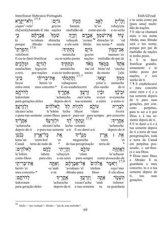 Interlinear Hebraico-Português Enih Gil’ead
69
‫ָֽם׃‬ ִ‫י‬‫ֻאֹו‬ ‫ֹון‬ ֵ֥‫ֲמ‬‫ה‬ ‫ב‬ִַׁ֖‫ְא‬‫ל‬ ָ‫ית‬ִ‫י‬ָ‫ה‬ְ‫ו‬17:5
‫א‬ ֵֵ֥‫ָר‬ ִ‫י‬‫ְֹלא־‬‫ו‬
yiqare‟-velo‟ goyim hamon le‟av vehayiyta
ele[será]chamado-E não nações multidão-de como-pai-de e-tu-serás
‫ִ֛י‬ִ‫׃א‬ ‫ם‬ ָֹ֔‫ה‬ ָ‫ְר‬‫ב‬‫ַא‬ ֹ֙‫ָך‬ְ‫מ‬ִ‫ש‬ ‫ִ֤ה‬ָ‫י‬ָ‫ה‬ְ‫ו‬ ‫ם‬ ִָ֑‫ְר‬‫ב‬‫ַא‬ ִׁ֖‫ְָך‬‫מ‬ִ‫ש‬‫ֶת־‬‫א‬ ‫ֹוד‬ ִ֛‫ע‬
ki „avraham shimcha vehayah „avram 56
shimcha-„et „od
porque Abraão teu-nome e-ele-será Abrão teu nome-* ainda
‫ָֽיָך׃‬ ִ ַ‫ְת‬‫נ‬ ‫ִׁ֖ם‬ִ‫י‬‫ֻאֹו‬ ‫ֹון‬ ֵ֥‫ֲמ‬‫ה‬‫ַאב־‬17:6
ֹ֙‫י‬ִִ֤‫ת‬ ֵ‫ְר‬‫פ‬ִ‫ה‬ְ‫ו‬
vehifəreti netaticha goyim mamon-„av
E-eu-te-farei-frutificar eu-te-tenho-posto nações multidão de-pai de
‫ים‬ִִׁ֖‫ָכ‬‫ל‬ְ‫מ‬‫־א‬ ‫ִ֑ם‬ִ‫י‬‫ְגֹו‬‫ל‬ ‫יָך‬ ִִׁ֖ ַ‫ְת‬‫נ‬‫־א‬ ‫ד‬ ֹֹ֔ ‫ְא‬‫מ‬ ‫ד‬ ָֹ֣ ‫ְא‬‫מ‬ִ‫ֺא‬ ֹ֙‫ָך‬ְ‫ָֽת‬ֹ ‫א‬
umelachim legoyim unetaticha me‟od bime‟od „otecha
e-reis por-nações e-eu-te-tenho-posto muito de-muito [a]ti
‫ָֽא־א׃‬ ֵ‫ֵצ‬‫י‬ ֵ֥‫ְָך‬‫ׅא‬ִ‫מ‬17:7
‫ָ֣י‬ִ‫נ‬‫ֵי‬‫ֺא‬ ‫י‬ִ‫ית‬ ִ‫ְר‬‫ֺא‬‫ֶת־‬‫א‬ ‫י‬ ִָ֨‫ֹת‬ ‫ִמ‬‫ק‬ֲ‫ה‬ַ‫ו‬
beyni beriti-„et vahaqimoti yetse‟u mimecha
entre-mim meu concerto-* E-eu-estabelecerei eles-sairão de-ti
‫ם‬ ִָׁ֖‫ֹת‬ ‫ֹר‬ ‫ְד‬‫ל‬ ‫יָך‬ ִֶ֛‫ֲר‬‫ח‬‫ַא‬ ַּ֧‫ֲָך‬‫ע‬ ְ‫ַר‬‫ז‬ ‫ין‬ ֵָ֨‫ב‬‫־א‬ ‫ָך‬ ֶָ֗‫נ‬‫ֵי‬‫ב‬‫־א‬
ledorotam „acharecha zarə‟acha uveyn uveynecha
para-gerações-deles depois-de-ti tua-semente e-entre e-entre-ti
ִׁ֖‫ֲָך‬‫ע‬ ְ‫ַר‬‫ז‬ְ‫ל‬ָֽ‫־א‬ ‫ים‬ ִֹ֔‫ה‬‫ָֽאֹל‬ ֵ‫ל‬ ֹ֙‫ָך‬ְ‫ל‬ ‫ִֹ֤ות‬‫י‬ְ‫ה‬ִ‫ל‬ ‫ִ֑ם‬ָ‫עֹול‬ ‫ית‬ ִָ֣‫ְר‬‫ב‬ִ‫ל‬
ulezarə‟acha le‟lohim lecha lihyot „olam liverit
e-para-tua-semente como-Deus para-ti para-ser para-sempre por-concerto
‫יָך׃‬ָֽ ֶ‫ֲר‬‫ח‬‫ַא‬17:8
‫יָך‬ ֶ‫ֲר‬‫ח‬‫ַא‬ ָ֨‫ֲָך‬‫ע‬ ְ‫ַר‬‫ז‬ְ‫ל‬‫־א‬ ‫ָך‬ ְֶּ֠‫ל‬ ‫י‬ִָ֣ ַ‫ָת‬‫נ‬ְ‫ו‬
„acharecha ulezarə‟acha lecha venatati „acharecha
depois-de-ti e-para-tua-semente a-ti E-eu-darei-a-ti depois-de-ti
‫ַן‬‫ע‬ ַֹ֔‫נ‬ְ‫׃א‬ ‫ץ‬ ֶ‫ר‬ֶָ֣‫ָל־א‬‫׃א‬ ‫ת‬ ֵֵ֚‫א‬ ‫יָך‬ ֶָ֗‫ֺר‬‫ג‬ְ‫מ‬ ‫ץ‬ ֶ‫ר‬ֶָ֣‫א‬ ‫׀‬ ‫ת‬ֵָ֣‫א‬
kəna‟an „erets-kol „et megurecha „erets „et
Canaã terra de-tudo de * de-tua-peregrinação terra-de *
‫ָֽים׃‬ ִ‫ֵאֹלה‬‫ל‬ ‫ם‬ִֶׁ֖‫ָה‬‫ל‬ ‫י‬ִ‫ֵ֥ית‬ִ‫י‬ָ‫ה‬ְ‫ו‬ ‫ִ֑ם‬ָ‫עֹול‬ ‫ִׁ֖ת‬ַ‫ֿא‬ֺ‫ח‬ֲ‫א‬ַ‫ל‬
le‟lohim lahem vehayiyti „olam la‟achuzat
como-Deus para-eles e-eu-serei para-sempre como-possessão-de
17:9
‫י‬ִָ֣‫ית‬ ִ‫ְר‬‫ֺא‬‫ֶת־‬‫א‬ ‫ה‬ ִָׁ֖ ַ‫א‬ְ‫ו‬ ‫ם‬ ָֹ֔‫ה‬ ָ‫ְר‬‫ב‬‫ֶל־ַא‬‫א‬ ֹ֙‫ִים‬‫ה‬‫ֱֹל‬‫א‬ ‫ֶר‬‫מ‬‫ִ֤א‬ֹ ‫ַׁא‬‫ו‬
beriti-„et ve‟atah „avraham-„el „elohim vayo‟mer
meu concerto-* e-tu Abraão-para Deus E-ele-disse
‫ָֽם׃‬ ָ‫ֹת‬ ‫ֹר‬ ‫ְד‬‫ל‬ ‫יָך‬ ִֶׁ֖‫ֲר‬‫ח‬ַ ָֽ‫א‬ ֵ֥‫ֲָך‬‫ע‬ ְ‫ַר‬‫ז‬ְ‫ו‬ ‫ה‬ִָ֛ ַ‫א‬ ‫ר‬ ִֹ֑ ‫ְמ‬‫ש‬ִ‫ת‬
ledorotam „acharecha vezarə‟acha „atah tishmor
para-geração-deles depois-de-ti e-tua-semente tu tu-guardarás
e tu serás como pai
[para uma] multi-
dão de nações.
5 E não se chamará
mais o teu nome
Abrão, mas Abraão
será o teu nome;
porque por pai de
multidão de nações
te tenho posto.
6 E te farei
frutificar grandis-
simamente e te
tenho posto por
nações, e reis
sairão de ti.
7 ¶ E estabelecerei
o meu concerto
entre mim e ti e a
tua semente depois
de ti para suas
gerações, por con-
certo perpétuo,
para te ser a ti por
Deus e à tua se-
mente depois de ti.
8 E te darei a ti e à
tua semente depois
de ti a terra de tuas
peregrinações, toda
a terra de Canaã
em perpétua pos-
sessão, e ser-lhes-
ei o seu Deus.
9 Disse mais Deus
a Abraão: E tu
guardarás o meu
concerto, tu e a tua
semente depois de
ti, nas suas
gerações.
56
Abrão = “pai exaltado”; Abraão = “pai de uma multidão”.
 
