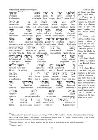 Interlinear Hebraico-Português Enih Gil’ead
71
‫ָֽֽא׃‬ ָ‫ְמ‬‫ש‬ ‫ה‬ ִָׁ֖‫ָר‬‫ׂש‬ ‫ֵ֥י‬ִ‫׃א‬ ‫י‬ ִָ֑‫ָר‬‫ׂש‬ ‫ֽא‬ִָׁ֖‫ְמ‬‫ש‬‫ֶת־‬‫א‬17:16
‫י‬ִָ֣ ְ‫כ‬ ַ‫ֵר‬‫ב‬‫־א‬
uverachti shemah Sarah ki saray shemah-„et
E-abençoarei nome-dela Sara porque Sarai 57
nome dela-*
ָֹ֙‫ה‬‫ֹ֙י‬ִ ְ‫כ‬ ַ‫ָֽר‬ ֵ‫־אב‬ ‫ן‬ִֵ֑‫ֺא‬ ִׁ֖‫ְָך‬‫ל‬ ‫ָה‬‫׆א‬ִֶ֛‫ִׅא‬‫מ‬ ‫י‬ִ ַַּ֧‫ָת‬‫נ‬ ‫ם‬ ַָ֨‫ג‬ְ‫ו‬ ‫ֽא‬ ָֹ֔‫ֹת‬ ‫א‬
uverachtiha ben lecha mimenah natati vegam „otah
eu-a-abençoarei filho a-ti através-dela eu-darei e-também [a]ela
‫־א׃‬ָֽ‫י‬ְ‫ה‬ִ‫י‬ ‫ָה‬‫׆א‬ֵֶ֥‫ִׅא‬‫מ‬ ‫ים‬ִִׁ֖‫ַׅא‬‫ע‬ ‫ֵ֥י‬ֵ‫ְכ‬‫ל‬ַ‫מ‬ ‫ם‬ִֹ֔‫י‬‫ְגֹו‬‫ל‬ ‫ה‬ָָ֣‫ְת‬‫י‬ָֽ ָ‫ְה‬‫ו‬
yihyu mimenah „amim malchey legoyim vehayetah
eles-serão através-dela povos reis-de como-nações e-ela-será
17:17
‫ֹו‬ ָ֗‫ִֺא‬‫ל‬ְ‫ֺא‬ ‫ֶר‬‫מ‬‫ָ֣א‬ֹ ‫ַׁא‬‫ו‬ ‫ק‬ִָ֑‫ְח‬‫צ‬ִ‫ׁא‬ַ‫ו‬ ‫ִׁ֖יו‬ָ‫ָנ‬‫פ‬‫ַל־‬‫ע‬ ‫ִ֛ם‬ָ‫ה‬ ָ‫ְר‬‫ב‬‫ַא‬ ‫ל‬ ַֹּ֧ ‫ִפ‬‫ׁא‬ַ‫ו‬
belibo vayo‟mer vayitschaq panayv-„al „avraham vayipol
em-seu-coração e-ele-disse e-ele-riu face dele-sobre Abraão E-ele-caiu
‫ֵ֥ים‬ִ‫ְע‬‫ש‬ִ ‫ַת־‬‫ב‬ֲ‫ה‬ ‫ה‬ ָֹ֔‫ָר‬‫ׂש‬‫ם־‬ ִָ֨‫א‬ְ‫ו‬ ‫ד‬ ֵֹ֔‫ל‬ָ‫־א‬ִ‫י‬ ֹ֙‫ָה‬‫נ‬ָ‫ש‬‫ָֽה־‬ ָ‫ֵא‬‫מ‬ ‫ן‬ִֶ֤‫ְב‬‫ׄא‬ַ‫ה‬
tishə‟im-havat Sarah-ve‟im yivaled shanah-me‟ah haleven 58
noventa-?filha de Sara-e se ele-nascerá ano-centena ?para-filho-de
‫ָֽד׃‬ ֵ‫ל‬ֵ ‫ִׁ֖ה‬ָ‫ָנ‬‫ש‬17:18
‫ים‬ִִ֑‫ֱֹלה‬‫א‬ָ ָֽ‫ֶל־ה‬‫א‬ ‫ם‬ִָׁ֖‫ה‬ ָ‫ְר‬‫ב‬‫ַא‬ ‫ֶר‬‫מ‬‫ֵ֥א‬ֹ ‫ַׁא‬‫ו‬
ha‟elohim-„el „avraham vayo‟mer teled shanah
o Deus-para Abraão E-ele-disse ela-gerará ano
‫ָֽיָך׃‬ ֶ‫ָנ‬‫פ‬ְ‫ל‬ ‫ֵ֥ה‬ֶ‫י‬ְ‫ח‬ִ‫י‬ ‫אל‬ִֵׁ֖‫ָע‬‫מ‬ְ‫ש‬ִ‫י‬ ‫־א‬ ֵ֥‫ל‬17:19
‫ים‬ ִָ֗‫ה‬‫ֱֹל‬‫א‬ ‫ֶר‬‫מ‬‫ָ֣א‬ֹ ‫ַׁא‬‫ו‬
„elohim vayo‟mer lefanecha yihyeh yishma‟e‟l lu
Deus E-ele-disse para-tua-face ele-viva Ismael se-ao-menos
ָ‫את‬ ֵָ֥‫ָר‬‫ק‬ְ‫ו‬ ‫ן‬ ֵֹ֔‫ֺא‬ ֹ֙‫ָך‬ְ‫ל‬ ‫ת‬ֶ‫ִ֤ד‬ֶ‫ֹל‬ ‫י‬ ָ֗‫ָך‬ְ ְ‫ש‬ִ‫א‬ ‫ה‬ ָָ֣‫ָר‬‫ׂש‬ ֹ֙‫ל‬ָ‫ב‬ֲ‫א‬
veqara‟ta ben lecha yoledet „ishtecha sarah „aval
e-tu-chamarás filho para-ti gerará tua-mulher Sara sim-mas
‫ֹו‬ ִ֛ ִ‫א‬ ‫י‬ִֵ֥‫ית‬ ִ‫ְר‬‫ֺא‬‫ֶת־‬‫א‬ ‫י‬ ִָ֨‫ֹת‬ ‫ִמ‬‫ק‬ֲ‫ה‬ַ‫ו‬ ‫ק‬ִָ֑‫ְח‬‫צ‬ִ‫י‬ ‫ֹו‬ ִׁ֖‫ְמ‬‫ש‬‫ֶת־‬‫א‬
„ito beriti-„et vahaqimoti yitschaq shemo-„et
com-ele meu concerto-* e-eu-estabelecerei Isaque59
seu nome-*
‫יו׃‬ָֽ ָ‫ֲר‬‫ח‬‫ַא‬ ‫ֹו‬ ֵ֥‫ע‬ ְ‫ַר‬‫ז‬ְ‫ל‬ ‫ִׁ֖ם‬ָ‫עֹול‬ ‫ית‬ ִֵ֥‫ְר‬‫ב‬ִ‫ל‬
„aharayv lezar‟o „olam liverit
após-ele para-semente-dele para-sempre concerto-como
17:20
‫ֹו‬ ָ֗‫ֹת‬ ‫א‬ ‫י‬ִ ְ‫כ‬ ַָ֣‫ֵר‬‫ֺא‬ ‫׀‬ ‫ָ֣ה‬ֵ‫ִ׆א‬‫ה‬ ‫יָך‬ִ ְ‫ע‬ַ‫מ‬ְ‫ש‬ ‫ֵאל‬‫ע‬ָ‫מ‬ְ‫ש‬ִ‫י‬ְ‫ל‬ָֽ‫־א‬
„oto barachti hineh shəma‟eticha uleishma‟e‟l
[a]ele eu-abençoarei eis-que eu-te-ouvi E-para-Ismael
de Sarai, mas Sara
[será] o seu nome.
16 Porque eu a
abençoarei e te
darei a ti, dela, um
filho; e a abenço-
arei, e ela será
como nações; reis
de povos sairão
dela.
17 Então, caiu
Abraão sobre o seu
rosto, e riu-se, e
disse no seu cora-
ção: Um homem de
100 anos gerará? E
Sara, da idade de
90 anos, conce-
berá?
18 E disse Abraão
a Deus: Ao menos
viva Ismael diante
de ti!
19 E disse Deus:
Sim; mas Sara, tua
mulher, te dará um
filho e chamarás o
seu nome Isaque ; e
com ele estabelece-
rei o meu concerto,
por concerto perpé-
tuo para a sua se-
mente depois dele.
20 E quanto a
Ismael, eu te ouvi;
eis o abençoarei
57
‫י‬ ָ‫ר‬ ָ‫ש‬ saray Sarai = “princesa”, de acordo com Strongs‟ #8297; e, ‫ה‬ ָ‫ר‬ ָ‫ש‬ sarah Sara = “mulher nobre”, de acordo com Strongs‟
#8283. ‫ם‬ ָ‫ר‬ ְ‫ב‬ ַ‫א‬ avram Abrão = “pai exaltado”, de acordo com Strongs‟ #0087, e, ‫ם‬ ָ‫ה‬ ָ‫ר‬ ְ‫ב‬ ַ‫א‬ „avraham Abraão = “pai de uma
multidão” ou “chefe de multidão”, de acordo com Strongs‟ #0085.
58
Em ‫ן‬ ֶ‫ב‬ ְ‫ל‬ ַ‫ה‬ halaven e em ‫ת‬ ַ‫ב‬ ֲ‫ה‬ havat, o prefixo “ha” não se trata de artigo, e sim, de uma partícula interrogativa “?”.
59
Isaque = “ele ri”.
 