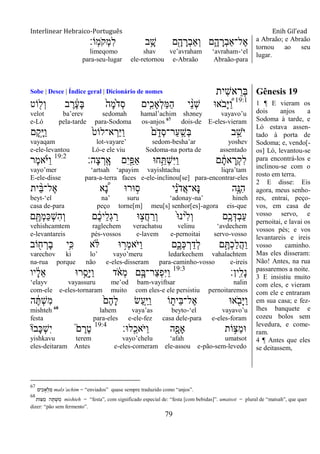 Interlinear Hebraico-Português Enih Gil’ead
79
‫ָֹֽו׃‬‫מ‬ֹ ‫ְק‬‫מ‬ִ‫ל‬ ‫ב‬ֵָ֥‫ש‬ ‫ם‬ִָׁ֖‫ה‬ ָ‫ְר‬‫ב‬‫ְַא‬‫ו‬ ‫ם‬ִָ֑‫ה‬ ָ‫ְר‬‫ב‬‫ֶל־ַא‬‫א‬
limeqomo shav ve‟avraham „avraham-„el
para-seu-lugar ele-retornou e-Abraão Abraão-para
a Abraão; e Abraão
tornou ao seu
lugar.
Sobe | Desce | Índice geral | Dicionário de nomes ‫ִית‬‫ש‬‫א‬ ֵ‫ְר‬‫ֺא‬ Gênesis 19
19:1
‫ֹוט‬ ִׁ֖‫ְל‬‫ו‬ ‫ב‬ ֶ‫ר‬ ֶֹ֔‫ע‬ָ‫ֺא‬ ֹ֙‫ָה‬‫מ‬ֹֹ֙ ‫ְד‬‫ס‬ ‫ִ֤ים‬ִ‫ְָאכ‬‫ל‬ַ‫ׅא‬ַ‫ה‬ ‫י‬ ֵָ֨‫נ‬ְ‫ש‬ ‫ֹא־א‬ ‫ָב‬‫ׁא‬ ֶַּ֠‫ו‬
velot ba‟erev sedomah hamal‟achim shəney vayavo‟u
e-Ló pela-tarde para-Sodoma os-anjos 67
dois-de E-eles-vieram
‫ָם‬‫ק‬ָָ֣‫ׁא‬ַ‫ו‬ ֹ֙‫א־לֹוט‬ ְ‫ַר‬‫ׁא‬ַ‫ו‬ ֹ֙‫ם‬ ִֹ֑ ‫ְד‬‫ס‬‫ַר־‬‫ע‬ָֽ ַ‫ְש‬‫ֺא‬ ‫ב‬ ֵָ֣‫ֹש‬ ‫י‬
vayaqam lot-vayare‟ sedom-besha‟ar yoshev
e-ele-levantou Ló-e ele viu Sodoma-na porta de assentado
‫ָה׃‬‫צ‬ ְ‫ָֽר‬ ָ‫א‬ ‫ִם‬‫י‬ִַׁ֖‫ַפ‬‫א‬ ‫ח־א‬ֵַ֥ ְ‫ש‬ִ‫ׁא‬ַ‫ו‬ ‫ם‬ ָֹ֔‫את‬ ָ‫ְר‬‫ק‬ִ‫ל‬19:2
‫ֶר‬‫מ‬‫א‬ֹ ‫ַׁא‬‫ו‬
vayo‟mer „artsah „apayim vayishtachu liqra‟tam
E-ele-disse para-a-terra faces e-ele-inclinou[se] para-encontrar-eles
‫ית‬ ֵָ֨‫ֺא‬‫ֶל־‬‫א‬ ‫א‬ ֶָּ֠‫נ‬ ‫־אר־א‬ ָ֣‫ס‬ ‫י‬ ַָ֗‫נ‬ֹ ‫ֲד‬‫א‬‫ָא־‬‫׆א‬ ‫ָ֣ה‬ֶ‫ִ׆א‬‫ה‬
beyt-„el na‟ suru „adonay-na‟ hineh
casa de-para peço torne[m] meu[s] senhor[es]-agora eis-que
‫ם‬ ִֶׁ֖ ְ‫מ‬ַ‫׃א‬ְ‫ש‬ִ‫ה‬ְ‫ו‬ ‫ם‬ ֶֹ֔‫כ‬‫ֵי‬‫ל‬ְ‫ג‬ ַ‫ר‬ ‫־א‬ ָ֣‫ֲצ‬‫ח‬ ַ‫ְר‬‫ו‬ ֹ֙‫־א‬‫ֹ֙ינ‬ִ‫ל‬ְ‫ו‬ ‫ִ֤ם‬ֶ‫כ‬ְ‫ְּא‬‫ב‬ַ‫ע‬
vehishcamtem raglechem verachatsu velinu „avdechem
e-levantareis pés-vossos e-lavem e-pernoitai servo-vosso
‫ֹוב‬ ִׁ֖‫ח‬ ְ‫ָר‬‫ב‬ ‫ֵ֥י‬ִ‫׃א‬ ‫א‬ ֹ֔‫ל‬ ‫־א‬ ָ֣‫ְר‬‫מ‬‫ֹא‬ ‫ַׁא‬‫ו‬ ‫ִ֑ם‬ֶ‫ְכ‬‫׃א‬ ְ‫ר‬ַ‫ְד‬‫ל‬ ‫ם‬ֶָ֣ ְ‫כ‬ַ‫ל‬ֲ‫ה‬ַ‫ו‬
varechov ki lo‟ vayo‟meru ledarkechem vahalachtem
na-rua porque não e-eles-disseram para-caminho-vosso e-ireis
‫ָֽין׃‬ ִ‫ָל‬‫נ‬19:3
‫יו‬ ָֹ֔‫ל‬ֵ‫א‬ ‫ר־א‬ָֺ֣‫ָס‬‫ׁא‬ַ‫ו‬ ‫ד‬ ֹֹ֔ ‫ְא‬‫מ‬ ‫ָ֣ם‬ָ‫ַר־ֺא‬‫צ‬ְ‫פ‬ִ‫ׁא‬ַ‫ו‬
„elayv vayassuru me‟od bam-vayiftsar nalin
com-ele e-eles-tornaram muito com eles-e ele persistiu pernoitaremos
‫ה‬ ֶֹ֔ ְ‫ש‬ִ‫מ‬ ֹ֙‫ֶם‬‫ה‬ָ‫ל‬ ‫ַׂש‬‫ע‬ִַ֤‫ׁא‬ַ‫ו‬ ‫ֹו‬ ִ֑‫ֵית‬‫ֺא‬‫ֶל־‬‫א‬ ‫א־א‬ ִֹׁ֖ ‫ָב‬‫ׁא‬ַ‫ו‬
mishteh 68
lahem vaya‟as beyto-„el vayavo‟u
festa para-eles e-ele-fez casa dele-para e-eles-foram
‫ָֽל־א׃‬ ֵ‫ֹאכ‬ ‫ַׁא‬‫ו‬ ‫ה‬ִָׁ֖‫ָאפ‬ ‫ֹות‬ ֵ֥‫ַצ‬‫מ‬‫־א‬19:4
‫ָב־א‬‫׃א‬ְ‫ש‬ִ‫י‬ ֮‫ם‬ ֶ‫ֶר‬‫ט‬
yishkavu terem vayo‟chelu „afah umatsot
eles-deitaram Antes e-eles-comeram ele-assou e-pão-sem-levedo
1 ¶ E vieram os
dois anjos a
Sodoma à tarde, e
Ló estava assen-
tado à porta de
Sodoma; e, vendo[-
os] Ló, levantou-se
para encontrá-los e
inclinou-se com o
rosto em terra.
2 E disse: Eis
agora, meus senho-
res, entrai, peço-
vos, em casa de
vosso servo, e
pernoitai, e lavai os
vossos pés; e vos
levantareis e ireis
vosso caminho.
Mas eles disseram:
Não! Antes, na rua
passaremos a noite.
3 E insistiu muito
com eles, e vieram
com ele e entraram
em sua casa; e fez-
lhes banquete e
cozeu bolos sem
levedura, e come-
ram.
4 ¶ Antes que eles
se deitassem,
67
‫ים‬ ִ‫כ‬ ָ‫א‬ ְ‫ל‬ ַ‫מ‬ malә‟achim = “enviados” quase sempre traduzido como “anjos”.
68
‫ּצֹות‬ ַ‫מ‬ ‫ה‬ ֶ‫ת‬ ְ‫ש‬ ִ‫מ‬ mishteh = “festa”, com significado especial de: “festa [com bebidas]”. umatsot = plural de “matsah”, que quer
dizer: “pão sem fermento”.
 