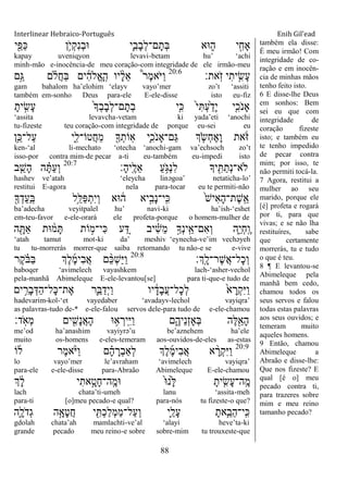 Interlinear Hebraico-Português Enih Gil’ead
88
‫י‬ִַׁ֖‫ַפ‬‫׃א‬ ‫ֵ֥ן‬ֹ ‫ְי‬‫ק‬ִ‫נ‬ְ‫ב‬‫־א‬ ‫ִ֛י‬ִ‫ָב‬‫ב‬ְ‫ל‬‫ם־‬ָ‫ְת‬‫ֺא‬ ‫־אא‬ ִ֑‫ה‬ ‫י‬ִָ֣‫ָאח‬
kapay uveniqyon levavi-betam hu‟ „achi
minh-mão e-inocência-de meu coração-com integridade de ele irmão-meu
‫ָֹֽאת׃‬ ‫ז‬ ‫י‬ִ‫ית‬ִֵ֥‫ָׂש‬‫ע‬20:6
‫ָ֣ם‬ַ‫ֻא‬ ‫ם‬ ָ֗‫ֲֹל‬‫ח‬ַ‫ֺא‬ ‫ים‬ִ‫ה‬‫ֱֹל‬‫א‬ָ ָֽ‫ה‬ ‫יו‬ ָָ֨‫ל‬ֵ‫א‬ ֩‫ר‬ֶ‫מ‬‫ֹא‬ ‫ַׁא‬‫ו‬
gam bahalom ha‟elohim „elayv vayo‟mer zo‟t „assiti
também em-sonho Deus para-ele E-ele-disse isto eu-fiz
ָ‫ית‬ ִָ֣‫ָׂש‬‫ע‬ ֹ֙‫ָך‬ְ‫ב‬ָ‫ב‬ְ‫ל‬‫ם־‬ָ‫ְת‬‫ב‬ ‫ִ֤י‬ִ‫׃א‬ ֹ֙‫י‬ִ ְ‫ע‬ַֹ֙‫ָד‬‫י‬ ‫ִ֤י‬ִ‫ֹכ‬ ‫ָאנ‬
„assita levavcha-vetam ki yada‟eti „anochi
tu-fizeste teu coração-com integridade de porque eu-sei eu
‫ֵ֥ן‬ֵ‫ַל־׃א‬‫ע‬ ‫ִ֑י‬ִ‫ֲטֹו־ל‬‫ח‬ֵ‫מ‬ ִׁ֖‫ָך‬ְ‫ָֹֽות‬‫א‬ ‫ִ֛י‬ִ‫ֹכ‬ ‫ַם־ָאנ‬‫ֻא‬ ‫ְך‬ ַֹּ֧ ‫ְׂש‬‫ח‬ֶ‫א‬ָ‫ו‬ ‫את‬ֹֹ֔ ‫ֿא‬
ken-„al li-mechato „otecha „anochi-gam va‟echsoch zo‟t
isso-por contra mim-de pecar a-ti eu-também eu-impedi isto
‫ָ׃‬‫ה‬‫ָֽי‬ ֶ‫ֵל‬‫א‬ ַ‫ע‬ֵֹ֥ ‫ְֻא‬‫נ‬ִ‫ל‬ ‫יָך‬ ִִׁ֖ ַ‫ְת‬‫נ‬‫ֹלא־‬20:7
‫ב‬ ִֵ֤‫ָש‬‫ה‬ ‫ה‬ ָָ֗ ַ‫ע‬ְ‫ו‬
hashev ve‟atah „eleycha linəgoa‟ netaticha-lo‟
restitui E-agora nela para-tocar eu te permiti-não
ִׁ֖‫ָך‬ְ‫ַד‬‫ע‬ַ ָֽ‫ֺא‬ ‫ֵ֥ל‬ֵ‫ַׄא‬‫פ‬ְ‫ִת‬‫י‬ְ‫ו‬ ‫־אא‬ ֹ֔‫ה‬ ‫יא‬ִָ֣‫ָב‬‫נ‬‫ָֽי־‬ ִ‫׃א‬ ֹ֙‫ש‬‫ִי‬‫א‬ָ‫ה‬‫ֶת־‬‫ש‬ָֽ ֵ‫א‬
ba‟adecha veyitpalel hu‟ navi-ki ha‟ish-„eshet
em-teu-favor e-ele-orará ele profeta-porque o homem-mulher de
‫ה‬ ִָׁ֖ ַ‫א‬ ‫־את‬ ֹ֔‫מ‬ָ ‫ֹות‬ ָ֣‫ִי־מ‬‫׃א‬ ‫ע‬ ֵַ֚‫ּא‬ ‫יב‬ ִָ֗‫ש‬ֵ‫מ‬ ָ֣‫ְָך‬‫נ‬‫ָֽי‬ ֵ‫ִם־א‬‫א‬ְ‫ו‬ ‫ִ֑ה‬ֵ‫י‬ְ‫ח‬ָֽ ֶ‫ו‬
„atah tamut mot-ki da‟ meshiv „eynecha-ve‟im vechəyeh
tu tu-morrerás morrer-que saiba retornando tu não-e se e-vive
‫ְָֽך׃‬ ָ‫ֶר־ל‬‫ש‬ֲ‫א‬‫ָל־‬‫כ‬ְ‫ו‬20:8
‫ֶר‬‫ק‬ ָֹ֗ ‫ַֺא‬‫ֺא‬ ‫ְֶך‬‫ל‬ֶ‫מ‬‫ִי‬‫ב‬ֲ‫א‬ ‫ם‬ ֵָ֨‫׃א‬ְ‫ש‬ַ‫ׁא‬ַ‫ו‬
baboqer „avimelech vayashkem lach-„asher-vechol
pela-manhã Abimeleque E-ele-levantou[se] para ti-que-e tudo de
‫ים‬ ִֵ֥‫ָר‬‫ב‬ְ‫ַּא‬‫ה‬‫ָל־‬‫׃א‬‫ֶת־‬‫א‬ ‫ִ֛ר‬ֵ‫ֺא‬ַ‫ְד‬‫י‬ַ‫ו‬ ‫יו‬ ָֹ֔‫ָד‬‫ב‬ֲ‫ע‬‫ָל־‬‫כ‬ְ‫ל‬ ֹ֙‫א‬ ָ‫ְר‬‫ק‬ִ‫ׁא‬ַ‫ו‬
hadevarim-kol-„et vayedaber „avadayv-lechol vayiqra‟
as palavras-tudo de-* e-ele-falou servos dele-para tudo de e-ele-chamou
‫ָֽד׃‬ֹ ‫ְא‬‫מ‬ ‫ים‬ ִִׁ֖‫ָש‬‫נ‬ֲ‫א‬ָ‫ה‬ ‫־א‬ ֵ֥‫א‬ ְ‫ָֽיר‬ ִ‫ׁא‬ַ‫ו‬ ‫ם‬ִֶ֑‫ֵיה‬‫נ‬ְ‫ז‬‫ְָא‬‫ֺא‬ ‫ֶה‬‫ׄא‬ִֵׁ֖‫ָא‬‫ה‬
me‟od ha‟anashim vayiyrə‟u be‟aznehem ha‟ele
muito os-homens e-eles-temeram aos-ouvidos-de-eles as-estas
20:9
‫ֹו‬‫ל‬ ‫ֶר‬‫מ‬‫א‬ָֹ֨ ‫ַׁא‬‫ו‬ ‫ם‬ ָָ֗‫ה‬ ָ‫ְר‬‫ב‬‫ְַא‬‫ל‬ ‫ְֶך‬‫ל‬ֶ‫מ‬‫ִי‬‫ב‬ֲ‫א‬ ‫א‬ ָָ֨‫ְר‬‫ק‬ִ‫ׁא‬ַ‫ו‬
lo vayo‟mer le‟avraham „avimelech vayiqra‟
para-ele e-ele-disse para-Abraão Abimeleque E-ele-chamou
‫ְך‬ ָֹ֔‫ל‬ ‫י‬ִ‫את‬ָָ֣‫ָט‬‫ח‬‫ָֽה־‬ ֶ‫־אמ‬ ֹ֙‫־א‬‫ֹ֙נ‬ָ‫ׄא‬ ָ‫ית‬ ִִ֤‫ָׂש‬‫ע‬‫ָֽה־‬ ֶ‫מ‬
lach chata‟ti-umeh lanu „assita-meh
para-ti [o]meu pecado-e qual? para-nós tu fizeste-o que?
‫ִ֑ה‬ָ‫ֹל‬ ‫ְד‬‫ג‬ ‫ה‬ָָ֣‫ָא‬‫ט‬ֲ‫ח‬ ‫י‬ ִִׁ֖ ְ‫כ‬ַ‫ל‬ְ‫מ‬ַ‫מ‬‫ַל־‬‫ע‬ְ‫ו‬ ‫ִ֛י‬ַ‫ָל‬‫ע‬ ָ‫את‬ֵַּ֧‫ֵב‬‫ה‬‫ָֽי־‬ ִ‫׃א‬
gdolah chata‟ah mamlachti-ve‟al „alayi heve‟ta-ki
grande pecado meu reino-e sobre sobre-mim tu trouxeste-que
também ela disse:
É meu irmão! Com
integridade de co-
ração e em inocên-
cia de minhas mãos
tenho feito isto.
6 E disse-lhe Deus
em sonhos: Bem
sei eu que com
integridade de
coração fizeste
isto; e também eu
te tenho impedido
de pecar contra
mim; por isso, te
não permiti tocá-la.
7 Agora, restitui a
mulher ao seu
marido, porque ele
[é] profeta e rogará
por ti, para que
vivas; e se não lha
restituíres, sabe
que certamente
morrerás, tu e tudo
o que é teu.
8 ¶ E levantou-se
Abimeleque pela
manhã bem cedo,
chamou todos os
seus servos e falou
todas estas palavras
aos seus ouvidos; e
temeram muito
aqueles homens.
9 Então, chamou
Abimeleque a
Abraão e disse-lhe:
Que nos fizeste? E
qual [é o] meu
pecado contra ti,
para trazeres sobre
mim e meu reino
tamanho pecado?
 