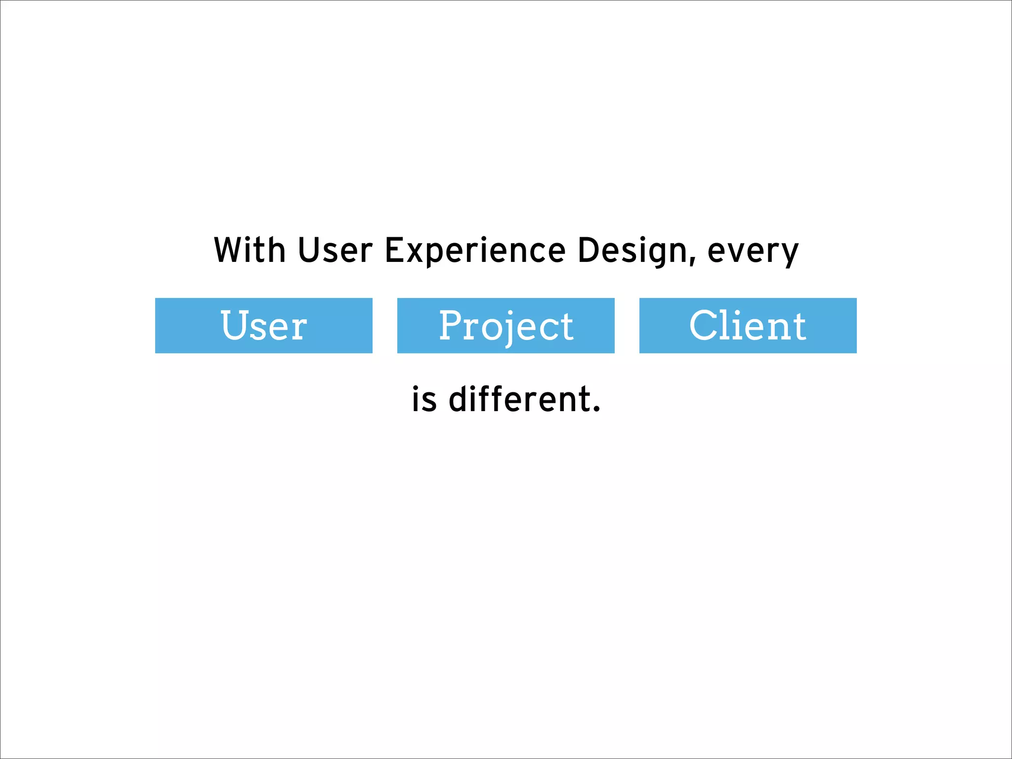 With User Experience Design, every

User         Project       Client
           is different.
 