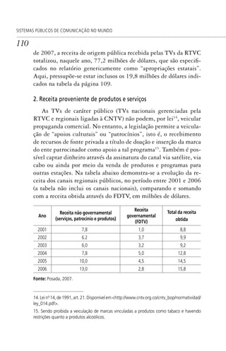 110
SISTEMAS PÚBLICOS DE COMUNICAÇÃO NO MUNDO
de 2007, a receita de origem pública recebida pelas TVs da RTVC
totalizou, naquele ano, 77,2 milhões de dólares, que são especifi-
cados no relatório genericamente como “apropriações estatais”.
Aqui, pressupõe-se estar inclusos os 19,8 milhões de dólares indi-
cados na tabela da página 109.
2. Receita proveniente de produtos e serviços
As TVs de caráter público (TVs nacionais gerenciadas pela
RTVC e regionais ligadas à CNTV) não podem, por lei14
, veicular
propaganda comercial. No entanto, a legislação permite a veicula-
ção de “apoios culturais” ou “patrocínios”, isto é, o recebimento
de recursos de fonte privada a título de doação e inserção da marca
do ente patrocinador como apoio a tal programa15
. Também é pos-
sível captar dinheiro através da assinatura do canal via satélite, via
cabo ou ainda por meio da venda de produtos e programas para
outras estações. Na tabela abaixo demonstra-se a evolução da re-
ceita dos canais regionais públicos, no período entre 2001 e 2006
(a tabela não inclui os canais nacionais), comparando e somando
com a receita obtida através do FDTV, em milhões de dólares.
Ano
Receita não governamental
(serviços, patrocínio e produtos)
Receita
governamental
(FDTV)
Total da receita
obtida
2001 7,8 1,0 8,8
2002 6.2 3,7 9,9
2003 6,0 3,2 9,2
2004 7,8 5,0 12,8
2005 10,0 4,5 14,5
2006 13,0 2,8 15,8
Fonte: Posada, 2007.
14.Leinº.14,de1991,art.21.Disponívelem<http://www.cntv.org.co/cntv_bop/normatividad/
ley_014.pdf>.
15. Sendo proibida a veiculação de marcas vinculadas a produtos como tabaco e havendo
restrições quanto a produtos alcoólicos.
SPCM_Cap05a11.indd 110SPCM_Cap05a11.indd 110 4/27/09 5:25:31 PM4/27/09 5:25:31 PM
 