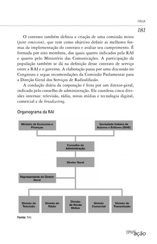 comunicação
ITÁLIA
181
O contrato também definiu a criação de uma comissão mista
(joint comission), que tem como objetivo definir as melhores for-
mas da implementação do contrato e avaliar seu cumprimento. É
formada por oito membros, dos quais quatro indicados pela RAI
e quatro pelo Ministério das Comunicações. A participação da
população também se dá na definição desse contrato de serviço
entre a RAI e o governo. A elaboração passa por uma discussão no
Congresso e segue recomendações da Comissão Parlamentar para
a Direção Geral dos Serviços de Radiodifusão.
A condução diária da corporação é feita por um diretor-geral,
indicado pelo conselho de administração. Ele coordena cinco divi-
sões internas: televisão, rádio, novas mídias e tecnologia digital,
comercial e de broadcasting.
Organograma da RAI
Fonte: RAI.
SPCM_Cap05a11.indd 181SPCM_Cap05a11.indd 181 4/27/09 5:25:48 PM4/27/09 5:25:48 PM
 