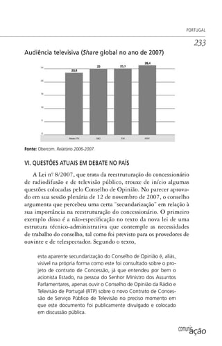 comunicação
PORTUGAL
233
Audiência televisiva (Share global no ano de 2007)
Fonte: Obercom. Relatório 2006-2007.
VI. QUESTÕES ATUAIS EM DEBATE NO PAÍS
A Lei nº. 8/2007, que trata da reestruturação do concessionário
de radiodifusão e de televisão público, trouxe de início algumas
questões colocadas pelo Conselho de Opinião. No parecer aprova-
do em sua sessão plenária de 12 de novembro de 2007, o conselho
argumenta que percebeu uma certa “secundarização” em relação à
sua importância na reestruturação do concessionário. O primeiro
exemplo disso é a não-especificação no texto da nova lei de uma
estrutura técnico-administrativa que contemple as necessidades
de trabalho do conselho, tal como foi previsto para os provedores de
ouvinte e de telespectador. Segundo o texto,
esta aparente secundarização do Conselho de Opinião é, aliás,
visível na própria forma como este foi consultado sobre o pro-
jeto de contrato de Concessão, já que entendeu por bem o
acionista Estado, na pessoa do Senhor Ministro dos Assuntos
Parlamentares, apenas ouvir o Conselho de Opinião da Rádio e
Televisão de Portugal (RTP) sobre o novo Contrato de Conces-
são de Serviço Público de Televisão no preciso momento em
que este documento foi publicamente divulgado e colocado
em discussão pública.
SPCM_Cap05a11.indd 233SPCM_Cap05a11.indd 233 4/27/09 5:26:03 PM4/27/09 5:26:03 PM
 