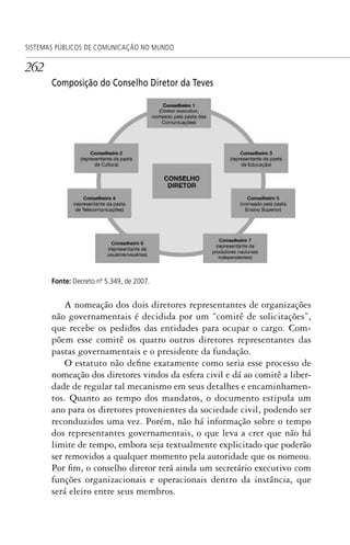 262
SISTEMAS PÚBLICOS DE COMUNICAÇÃO NO MUNDO
Composição do Conselho Diretor da Teves
Fonte: Decreto nº. 5.349, de 2007.
A nomeação dos dois diretores representantes de organizações
não governamentais é decidida por um “comitê de solicitações”,
que recebe os pedidos das entidades para ocupar o cargo. Com-
põem esse comitê os quatro outros diretores representantes das
pastas governamentais e o presidente da fundação.
O estatuto não define exatamente como seria esse processo de
nomeação dos diretores vindos da esfera civil e dá ao comitê a liber-
dade de regular tal mecanismo em seus detalhes e encaminhamen-
tos. Quanto ao tempo dos mandatos, o documento estipula um
ano para os diretores provenientes da sociedade civil, podendo ser
reconduzidos uma vez. Porém, não há informação sobre o tempo
dos representantes governamentais, o que leva a crer que não há
limite de tempo, embora seja textualmente explicitado que poderão
ser removidos a qualquer momento pela autoridade que os nomeou.
Por fim, o conselho diretor terá ainda um secretário executivo com
funções organizacionais e operacionais dentro da instância, que
será eleito entre seus membros.
SPCM_Cap12a15.indd 262SPCM_Cap12a15.indd 262 4/27/09 5:27:18 PM4/27/09 5:27:18 PM
 