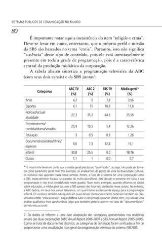 80
SISTEMAS PÚBLICOS DE COMUNICAÇÃO NO MUNDO
É importante notar aqui a inexistência do item “religião e etnia”.
Deve-se levar em conta, entretanto, que o próprio perfil e missão
da SBS são baseados no tema “etnia”. Portanto, isso não significa
“ausência” desse tipo de conteúdo, pois ele está inevitavelmente
presente em toda a grade de programação, pois é a característica
central da produção midiática da corporação.
A tabela abaixo sintetiza a programação televisiva da ABC
(com seus dois canais) e da SBS juntas7
:
Categorias
ABC TV
(%)
ABC 2
(%)
SBS TV
(%)
Média geral*
(%)
Artes 4,2 5 1,8 3,66
Esportes 4,1 15 16,3 11,8
Notícias/factual/
atualidade
27,3 35,2 44,2 35,56
Entretenimento/
comédia/drama/seriados
20,9 10,5 5,4 12,26
Educação 3 0,5 0,3 1,26
Documentários/vídeos/ﬁlmes/
especiais
8,6 7,3 32,4 16,1
Infantil 30,8 25,5 0,0 18,76
Outros 1,1 1 0,0 0,7
* É importante levar em conta que a média geral precisa ser “qualiﬁcada”, ou seja, não pode ser toma-
da como parâmetro geral ﬁnal. Por exemplo, se analisarmos do ponto de vista da diversidade cultural,
os números não apontam nada nesse sentido. Porém, o fato de o sistema ter uma corporação como
a SBS, especialmente focada na questão do multiculturalismo, está diluído e presente em toda a sua
programação e não está contabilizado neste quadro. Num outro exemplo, quando olhamos os dados
sobre educação, a média geral cai, pois a SBS parece não focar seu conteúdo nesse campo. No entanto,
a ABC dedica, em seus dois canais televisivos, um quantitativo expressivo de espaço para a programação
infantil. Os números também não qualiﬁcam quais desses conteúdos infantis poderiam também ser clas-
siﬁcados como “educacionais”, o que poderia subir o percentual para este último item, no caso de uma
análise qualitativa mais aprofundada (algo que também poderia ocorrer no caso de “documentários”
de viés educacional).
7. Os dados se referem a uma livre adaptação das categorias apresentadas nos relatórios
anuais das duas corporações (ABC Anual Report 2006-2007 e SBS Annual Report 2005-2006).
Como se trata de documentos distintos, as categorias de conteúdo foram uniﬁcadas a ﬁm de
proporcionar uma visualização mais geral da programação televisiva do sistema ABC/SBS.
SPCM_Cap01a04.indd 80SPCM_Cap01a04.indd 80 4/27/09 5:23:37 PM4/27/09 5:23:37 PM
 