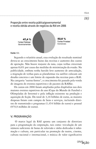 comunicação
ITÁLIA
183
Proporção entre receita pública/governamental
e receita obtida através de negócios da RAI em 2006
Fonte: RAI.
Segundo o relatório anual, essa evolução do resultado nominal
deveu-se ao crescimento baixo das receitas e aumento dos custos
de operação. Não houve reajuste da taxa, cujas verbas cresceram
apenas 0,6% por causa das medidas de minimização da evasão. Na
publicidade, embora tenha havido leve aumento de arrecadação,
a migração de verbas para as plataformas via satélite colocam um
desafio concreto e um limite de expansão das receitas para a RAI.
Na categoria “outras fontes”, o crescimento foi puxado pela venda
de imagens de eventos esportivos e de pacotes da RAISat.
Os custos em 2006 foram ampliados pelos dispêndios nos dois
maiores eventos esportivos do ano (Copa do Mundo de Futebol e
Olimpíadas de Inverno) e pela inflação existente na produção e
aquisição de ficção. Do total de 3,16 bilhões de euros, as maiores
despesas foram com compra de bens e serviços, incluindo direi-
tos de transmissão e programas (1,454 bilhão de euros) e pessoal
(979,9 milhões de euros).
V. PROGRAMAÇÃO
O marco legal da RAI aponta um conjunto de diretrizes
para a programação da corporação, tais como: veiculação de um
número suficiente de horas de televisão e rádio dedicadas à infor-
mação e cultura, em particular na promoção do teatro, cinema,
cultura nacional e internacional, e música de valor significativo
SPCM_Cap05a11.indd 183SPCM_Cap05a11.indd 183 4/27/09 5:25:49 PM4/27/09 5:25:49 PM
 