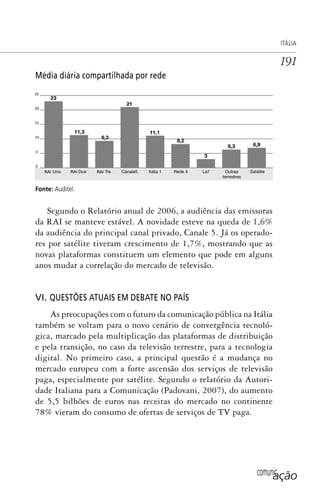 comunicação
ITÁLIA
191
Média diária compartilhada por rede
Fonte: Auditel.
Segundo o Relatório anual de 2006, a audiência das emissoras
da RAI se manteve estável. A novidade esteve na queda de 1,6%
da audiência do principal canal privado, Canale 5. Já os operado-
res por satélite tiveram crescimento de 1,7%, mostrando que as
novas plataformas constituem um elemento que pode em alguns
anos mudar a correlação do mercado de televisão.
VI. QUESTÕES ATUAIS EM DEBATE NO PAÍS
As preocupações com o futuro da comunicação pública na Itália
também se voltam para o novo cenário de convergência tecnoló-
gica, marcado pela multiplicação das plataformas de distribuição
e pela transição, no caso da televisão terrestre, para a tecnologia
digital. No primeiro caso, a principal questão é a mudança no
mercado europeu com a forte ascensão dos serviços de televisão
paga, especialmente por satélite. Segundo o relatório da Autori-
dade Italiana para a Comunicação (Padovani, 2007), do aumento
de 5,5 bilhões de euros nas receitas do mercado no continente
78% vieram do consumo de ofertas de serviços de TV paga.
SPCM_Cap05a11.indd 191SPCM_Cap05a11.indd 191 4/27/09 5:25:51 PM4/27/09 5:25:51 PM
 