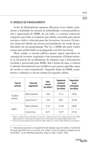 comunicação
JAPÃO
203
IV. MODELO DE FINANCIAMENTO
A Lei de Radiodifusão japonesa (Broadcast Law) define clara-
mente a dualidade do sistema de radiodifusão: o sistema público,
sob a organização da NHK, de um lado; e o sistema comercial,
composto por todas as empresas que obtêm concessão para operar
serviços e rádio e televisão para fins lucrativos, do outro. O siste-
ma comercial obtém sua receita principalmente da venda de pu-
blicidade em sua programação. Por lei, a NHK não pode vender
espaço para publicidade ou propaganda com fins lucrativos.
Desse modo, o sistema público possui regras específicas de
captação de recursos, regulação e funcionamento. O financiamen-
to se dá através do recolhimento de imposto, que é diretamente
recebido e gerenciado pela NHK. Sob a forma de taxa, o tributo
é cobrado mensalmente por residência que possua aparelho capaz
de receber o sinal transmitido4
. Segundo dados da NHK, atual-
mente a cobrança se dá nos termos da seguinte tabela:
Tipo de
contrato
Forma de
pagamento
Valor
mensal
(em dólar)*
Pagamento
semestral
antecipado
(em dólar)
Pagamento
anual
antecipado
(em dólar)
TV aberta
terrestre
Boleto residencial 12,65 72,13 140,54
Outras formas** 12,20 69,41 135,28
Satélite
Boleto residencial 21,23 121,49 236,82
Outras formas 20,77 118,77 231,55
* Todos os valores foram convertidos do iene para o dólar americano com cotação de janeiro de 2008.
Tabela original em moeda japonesa disponível em <http://www.nhk.or.jp/pr/english/fee/fee.html>.
** Outras formas de pagamento são cartão de crédito, debito em conta e modos eletrônicos automáticos.
4. “Toda pessoa que possui um equipamento de recepção capaz de receber a transmissão
fornecida pela NHK ﬁrma um contrato com a NHK no que diz respeito à recepção de sua
transmissão”. Lei de radiodifusão japonesa, artigo 32, seção 1 (Japan, 1950).
SPCM_Cap05a11.indd 203SPCM_Cap05a11.indd 203 4/27/09 5:25:55 PM4/27/09 5:25:55 PM
 