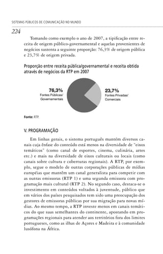 224
SISTEMAS PÚBLICOS DE COMUNICAÇÃO NO MUNDO
Tomando como exemplo o ano de 2007, a tipificação entre re-
ceita de origem público-governamental e aquelas provenientes de
negócios sustenta a seguinte proporção: 76,3% de origem pública
e 23,7% de origem privada.
Proporção entre receita pública/governamental e receita obtida
através de negócios da RTP em 2007
Fonte: RTP.
V. PROGRAMAÇÃO
Em linhas gerais, o sistema português mantém diversos ca-
nais cuja ênfase do conteúdo está menos na diversidade de “eixos
temáticos” (como canal de esportes, cinema, culinária, artes
etc.) e mais na diversidade de eixos culturais ou locais (como
canais sobre cultura e coberturas regionais). A RTP, por exem-
plo, segue o modelo de outras corporações públicas de mídias
européias que mantêm um canal generalista para competir com
as outras emissoras (RTP 1) e uma segunda emissora com pro-
gramação mais cultural (RTP 2). No segundo caso, destaca-se o
investimento em conteúdos voltados à juventude, público que
em vários dos países pesquisados tem sido uma preocupação dos
gestores de emissoras públicas por sua migração para novas mí-
dias. Ao mesmo tempo, a RTP investe menos em canais temáti-
cos do que suas semelhantes do continente, apostando em pro-
gramações regionais para atender aos territórios fora dos limites
portugueses, como as ilhas de Açores e Madeira e à comunidade
lusófona na África.
SPCM_Cap05a11.indd 224SPCM_Cap05a11.indd 224 4/27/09 5:26:00 PM4/27/09 5:26:00 PM
 