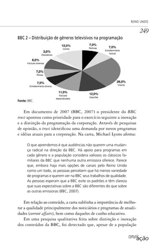comunicação
REINO UNIDO
249
BBC 2 – Distribuição de gêneros televisivos na programação
Fonte: BBC.
Em documento de 2007 (BBC, 2007) o presidente do BBC
trust apontou como prioridade para o exercício seguinte a inovação
e a distinção da programação da corporação. Através de pesquisas
de opinião, o trust identificou uma demanda por novos programas
e idéias atuais para a corporação. Na carta, Michael Lyons afirma:
O que aprendemos é que audiências não querem uma mudan-
ça radical na direção da BBC. Há apoio para programas em
cada gênero e a população considera valiosos os clássicos fa-
miliares da BBC que nenhuma outra emissora oferece. Parece
que, embora haja mais opções de canais pelo Reino Unido
como um todo, as pessoas percebem que há menos variedade
de programas e querem ver na BBC seus trabalhos de qualidade.
As pessoas esperam que a BBC evite os padrões e têm clareza
que suas expectativas sobre a BBC são diferentes do que sobre
as outras emissoras (BBC, 2007).
Em relação ao conteúdo, a carta sublinha a importância de melho-
rar a qualidade principalmente dos noticiários e programas de atuali-
dades (current affairs), bem como daqueles de cunho educativo.
Em uma pesquisa qualitativa feita sobre distinção e inovação
dos conteúdos da BBC, foi detectado que, apesar de a população
SPCM_Cap12a15.indd 249SPCM_Cap12a15.indd 249 4/27/09 5:27:15 PM4/27/09 5:27:15 PM
 