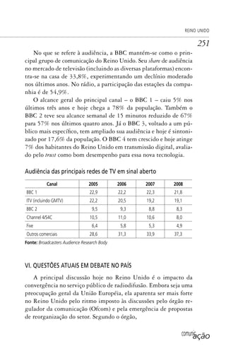 comunicação
REINO UNIDO
251
No que se refere à audiência, a BBC mantém-se como o prin-
cipal grupo de comunicação do Reino Unido. Seu share de audiência
no mercado de televisão (incluindo as diversas plataformas) encon-
tra-se na casa de 33,8%, experimentando um declínio moderado
nos últimos anos. No rádio, a participação das estações da compa-
nhia é de 54,9%.
O alcance geral do principal canal – o BBC 1 – caiu 5% nos
últimos três anos e hoje chega a 78% da população. Também o
BBC 2 teve seu alcance semanal de 15 minutos reduzido de 67%
para 57% nos últimos quatro anos. Já o BBC 3, voltado a um pú-
blico mais específico, tem ampliado sua audiência e hoje é sintoni-
zado por 17,6% da população. O BBC 4 tem crescido e hoje atinge
7% dos habitantes do Reino Unido em transmissão digital, avalia-
do pelo trust como bom desempenho para essa nova tecnologia.
Audiência das principais redes de TV em sinal aberto
Canal 2005 2006 2007 2008
BBC 1 22,9 22,2 22,3 21,8
ITV (incluindo GMTV) 22,2 20,5 19,2 19,1
BBC 2 9,5 9,3 8,8 8,3
Channel 4/S4C 10,5 11,0 10,6 8,0
Five 6,4 5,8 5,3 4,9
Outros comerciais 28,6 31,3 33,9 37,3
Fonte: Broadcasters Audience Research Body.
VI. QUESTÕES ATUAIS EM DEBATE NO PAÍS
A principal discussão hoje no Reino Unido é o impacto da
convergência no serviço público de radiodifusão. Embora seja uma
preocupação geral da União Européia, ela aparenta ser mais forte
no Reino Unido pelo ritmo imposto às discussões pelo órgão re-
gulador da comunicação (Ofcom) e pela emergência de propostas
de reorganização do setor. Segundo o órgão,
SPCM_Cap12a15.indd 251SPCM_Cap12a15.indd 251 4/27/09 5:27:15 PM4/27/09 5:27:15 PM
 