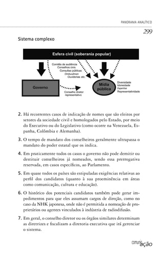 comunicação
PANORAMA ANALÍTICO
299
2. Há recorrentes casos de indicação de nomes que são eleitos por
setores da sociedade civil e homologados pelo Estado, por meio
do Executivo ou do Legislativo (como ocorre na Venezuela, Es-
panha, Colômbia e Alemanha).
3. O tempo de mandato dos conselheiros geralmente ultrapassa o
mandato do poder estatal que os indica.
4. Em praticamente todos os casos o governo não pode demitir ou
destituir conselheiros já nomeados, sendo essa prerrogativa
reservada, em casos específicos, ao Parlamento.
5. Em quase todos os países são estipuladas exigências relativas ao
perfil dos candidatos (quanto à sua proeminência em áreas
como comunicação, cultura e educação).
6. O histórico dos potenciais candidatos também pode gerar im-
pedimentos para que eles assumam cargos de direção, como no
caso da NHK japonesa, onde não é permitida a nomeação de pro-
prietários ou agentes vinculados à indústria de radiodifusão.
7. Em geral, o conselho diretor ou os órgãos similares determinam
as diretrizes e fiscalizam a diretoria executiva que irá gerenciar
o sistema.
Sistema complexo
SPCM_Cap12a15.indd 299SPCM_Cap12a15.indd 299 4/27/09 5:27:27 PM4/27/09 5:27:27 PM
 