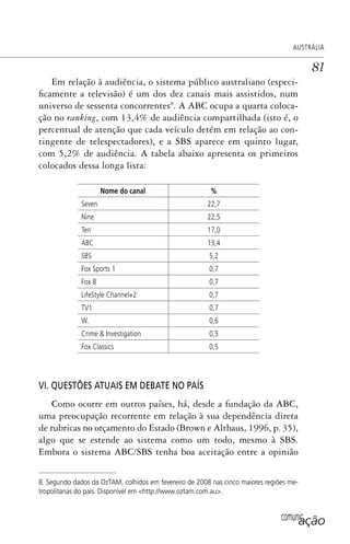 comunicação
AUSTRÁLIA
81
Em relação à audiência, o sistema público australiano (especi-
ficamente a televisão) é um dos dez canais mais assistidos, num
universo de sessenta concorrentes8
. A ABC ocupa a quarta coloca-
ção no ranking, com 13,4% de audiência compartilhada (isto é, o
percentual de atenção que cada veículo detém em relação ao con-
tingente de telespectadores), e a SBS aparece em quinto lugar,
com 5,2% de audiência. A tabela abaixo apresenta os primeiros
colocados dessa longa lista:
Nome do canal %
Seven 22,7
Nine 22,5
Ten 17,0
ABC 13,4
SBS 5,2
Fox Sports 1 0,7
Fox 8 0,7
LifeStyle Channel+2 0,7
TV1 0,7
W. 0,6
Crime & Investigation 0,5
Fox Classics 0,5
VI. QUESTÕES ATUAIS EM DEBATE NO PAÍS
Como ocorre em outros países, há, desde a fundação da ABC,
uma preocupação recorrente em relação à sua dependência direta
de rubricas no orçamento do Estado (Brown e Althaus, 1996, p.35),
algo que se estende ao sistema como um todo, mesmo à SBS.
Embora o sistema ABC/SBS tenha boa aceitação entre a opinião
8. Segundo dados da OzTAM, colhidos em fevereiro de 2008 nas cinco maiores regiões me-
tropolitanas do país. Disponível em <http://www.oztam.com.au>.
SPCM_Cap01a04.indd 81SPCM_Cap01a04.indd 81 4/27/09 5:23:37 PM4/27/09 5:23:37 PM
 