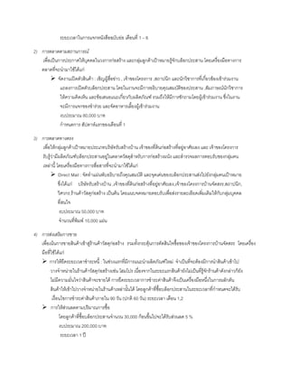 ระยะเวลาในการแจกหนังสือฉบับยอ เดือนที่ 1 – 6
2) การตลาดตามสถานการณ
เพื่อเปนการประกาศใหบุคคลในวงการกอสราง และกลุมลูกคาเปาหมายรูจักบล็อกประสาน โดยเครื่องมือทางการ
ตลาดที่จะนํามาใชไดแก
จัดงานเปดตัวสินคา : เชิญผูสื่อขาว , เจาของโครงการ ,สถาปนิก และนักวิชาการที่เกี่ยวของเขารวมงาน
แถลงการเปดตัวบล็อกประสาน โดยในงานจะมีการอธิบายคุณสมบัติของประสาน ,สัมภาษณนักวิชาการ
ใหความคิดเห็น และขอเสนอแนะเกี่ยวกับผลิตภัณฑ รวมถึงใหมีการซักถามโดยผูเขารวมงาน ซึ่งในงาน
จะมีการแจกของชํารวย และจัดอาหารเลี้ยงผูเขารวมงาน
งบประมาณ 80,000 บาท
กําหนดการ สัปดาหแรกของเดือนที่ 1
3) การตลาดทางตรง
เพื่อใหกลุมลูกคาเปาหมายประเภทบริษัทรับสรางบาน เจาของที่ดินกอสรางที่อยูอาศัยเอง และ เจาของโครงการ
รับรูวามีผลิตภัณฑบล็อกประสานอยูในตลาดวัสดุสําหรับการกอสรางผนัง และสํารวจผลการตอบรับของกลุมคน
เหลานี้ โดยเครื่องมือทางการสื่อสารที่จะนํามาใชไดแก
Direct Mail : จัดทําแผนพับอธิบายถึงคุณสมบัติ และจุดเดนของบล็อกประสานสงไปยังกลุมคนเปาหมาย
ซึ่งไดแก บริษัทรับสรางบาน ,เจาของที่ดินกอสรางที่อยูอาศัยเอง,เจาของโครงการบานจัดสรร,สถาปนิก,
วิศวกร,รานคาวัสดุกอสราง เปนตน โดยแนบจดหมายตอบรับเพื่อสงรายละเอียดเพิ่มเติมใหกับกลุมบุคคล
ที่สนใจ
งบประมาณ 50,000 บาท
จํานวนที่พิมพ 10,000 แผน
4) การสงเสริมการขาย
เพื่อเนนการขายสินคาเขาสูรานคาวัสดุกอสราง รวมทั้งกระตุนการตัดสินใจซื้อของเจาของโครงการบานจัดสรร โดยเครื่อง
มือที่ใชไดแก
การใหยืดระยะเวลาชําระหนี้ : ในชวงแรกที่มีการแนะนําผลิตภัณฑใหม จําเปนที่จะตองมีการนําสินคาเขาไป
วางจําหนายในรานคาวัสดุกอสรางเชน โฮมโปร เนื่องจากในระยะแรกสินคายังไมเปนที่รูจักรานคาดังกลาวก็ยัง
ไมมีความมั่นใจวาสินคาจะขายได การยืดระยะเวลาการชําระคาสินคาจึงเปนเครื่องมือหนึ่งในการผลักดัน
สินคาใหเขาไปวางจําหนายในรานคาเหลานั้นได โดยลูกคาที่ซื้อบล็อกประสานในระยะเวลาที่กําหนดจะไดรับ
เงื่อนไขการชําระคาสินคาภายใน 90 วัน (ปกติ 60 วัน) ระยะเวลา เดือน 1,2
การใหสวนลดตามปริมาณการซื้อ
โดยลูกคาที่ซื้อบล็อกประสานจํานวน 30,000 กอนขึ้นไปจะไดรับสวนลด 5 %
งบประมาณ 200,000 บาท
ระยะเวลา 1 ป
 