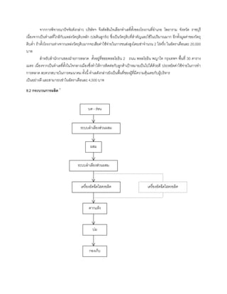 จากการพิจารณาปจจัยดังกลาว บริษัทฯ จึงตัดสินใจเลือกทําเลที่ตั้งของโรงงานที่อําเภอ โพธาราม จังหวัด ราชบุรี
เนื่องจากเปนทําเลที่ใกลกับแหลงวัตถุดิบหลัก (บอดินลูกรัง) ซึ่งเปนวัตถุดิบที่สําคัญและใชในปริมาณมาก อีกทั้งมูลคาของวัตถุ
ดิบตํ่า ถาตั้งโรงงานหางจากแหลงวัตถุดิบมากจะเสียคาใชจายในการขนสงสูงโดยเชาจํานวน 2 ไรครึ่ง ในอัตราเดือนละ 20,000
บาท
สําหรับสํานักงานของฝายการตลาด ตั้งอยูที่ซอยพหลโยธิน 2 ถนน พหลโยธิน พญาไท กรุงเทพฯ พื้นที่ 30 ตาราง
เมตร เนื่องจากเปนทําเลที่ตั้งในใจกลางเมืองซึ่งทําใหการติดตอกับลูกคาเปาหมายเปนไปไดดวยดี ประหยัดคาใชจายในการทํา
การตลาด สะดวกสบายในการคมนาคม ทั้งนี้ ทําเลดังกลาวยังเปนพื้นที่ของผูที่มีความคุนเคยกับผูบริหาร
เปนอยางดี และสามารถเชาในอัตราเดือนละ 4,500 บาท
8.2 กระบวนการผลิต 7
บด - รอน
ระบบลําเลียงสวนผสม
ผสม
ระบบลําเลียงสวนผสม
เครื่องอัดฉีดไฮดรอลิค เครื่องอัดฉีดไฮดรอลิค
ตากแหง
บม
กองเก็บ
 