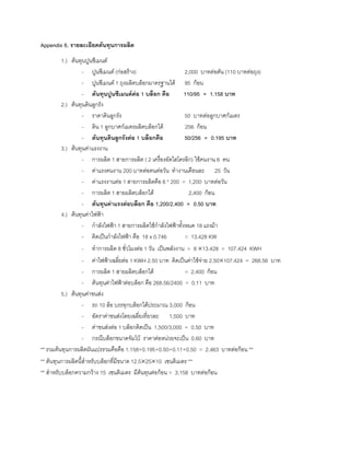 Appendix 6. รายละเอียดตนทุนการผลิต
1.) ตนทุนปูนซีเมนต
- ปูนซีเมนต (กอสราง) 2,000 บาทตอตัน (110 บาทตอถุง)
- ปูนซีเมนต 1 ถุงผลิตบล็อกมาตรฐานได 95 กอน
- ตนทุนปูนซีเมนตตอ 1 บล็อก คือ 110/95 = 1.158 บาท
2.) ตนทุนดินลูกรัง
- ราคาดินลูกรัง 50 บาทตอลูกบาศกเมตร
- ดิน 1 ลูกบาศกเมตรผลิตบล็อกได 256 กอน
- ตนทุนดินลูกรังตอ 1 บล็อกคือ 50/256 = 0.195 บาท
3.) ตนทุนคาแรงงาน
- การผลิต 1 สายการผลิต ( 2 เครื่องอัดไฮโดรลิก) ใชคนงาน 6 คน
- คาแรงคนงาน 200 บาทตอคนตอวัน ทํางานเดือนละ 25 วัน
- คาแรงงานตอ 1 สายการผลิตคือ 6 * 200 = 1,200 บาทตอวัน
- การผลิต 1 สายผลิตบล็อกได 2,400 กอน
- ตนทุนคาแรงตอบล็อก คือ 1,200/2,400 = 0.50 บาท
4.) ตนทุนคาไฟฟา
- กําลังไฟฟา 1 สายการผลิตใชกําลังไฟฟาทั้งหมด 18 แรงมา
- คิดเปนกําลังไฟฟา คือ 18 x 0.746 = 13.428 KW
- ทําการผลิต 8 ชั่วโมงตอ 1 วัน เปนพลังงาน = 8 ×13.428 = 107.424 KWH
- คาไฟฟาเฉลี่ยตอ 1 KWH 2.50 บาท คิดเปนคาใชจาย 2.50×107.424 = 268.56 บาท
- การผลิต 1 สายผลิตบล็อกได = 2,400 กอน
- ตนทุนคาไฟฟาตอบล็อก คือ 268.56/2400 = 0.11 บาท
5.) ตนทุนคาขนสง
- รถ 10 ลอ บรรทุกบล็อกไดประมาณ 3,000 กอน
- อัตราคาขนสงโดยเฉลี่ยเที่ยวละ 1,500 บาท
- คาขนสงตอ 1 บล็อกคิดเปน 1,500/3,000 = 0.50 บาท
- กรณีบล็อกขนาดจัมโบ ราคาตอหนวยจะเปน 0.60 บาท
** รวมตนทุนการผลิตผันแปรรวมคือคือ 1.158+0.195+0.50+0.11+0.50 = 2.463 บาทตอกอน **
** ตนทุนการผลิตนี้สําหรับบล็อกที่มีขนาด 12.5×25×10 เซนติเมตร **
** สําหรับบล็อกความกวาง 15 เซนติเมตร มีตนทุนตอกอน = 3.158 บาทตอกอน
 