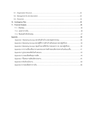 9.1. Organization Structure…………………………………………………………………………………….. 22
9.2. Management & Job description………………………………………………………………………….. 22
9.3. Personnel……………………………………………………………………………………………………. 24
10. Contingency Plan……………………………………………………………………………………………….. 25
11. Financial Analysis……………………………………………………………………………………………….. 26
11.1. เงินลงทุน…………………………………………………………………………………………………… 26
11.2. แผนทางการเงิน …………………………………………………………………………………………… 26
11.3. ขอเสนอสําหรับนักลงทุน…………………………………………………………………………………… 27
Appendix……………………………………………………………………………………………………………….. 28
Appendix 1 Marketing Surveys ตลาดรับสรางบาน (ตลาดอุตสาหกรรมฺ)……………………………………. 28
Appendix 2 Marketing Surveys ตลาดผูที่ทําการสรางบานดวยตนเอง (ตลาดผูบริโภค)……………………… 30
Appendix 3 Marketing Surveys กลุมเปาหมายที่เขารับการอบรมจาก วท. (ตลาดผูบริโภค)…………………. 35
Appendix 4 ตารางเปรียบเทียบราคาและระยะเวลากอสรางของบล็อกประสานกับผนังแบบอื่น………………. 41
Appendix 5 รูปแบบของผลิตภัณฑ และแบบ……………………………………………………………………. 43
Appendix 6 รายละเอียดตนทุนการผลิต…………………………………………………………………………. 44
Appendix 7 ขั้นตอนการผลิตบล็อกประสาน……………………………………………………………………...45
Appendix 8 ผังบริเวณโรงงาน………………………………………………………………………………… … 62
Appendix 9 รายละเอียดทางการเงิน…………………………………………………………………………….. 66
 