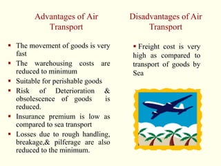 Advantages of Air
Transport
 The movement of goods is very
fast
 The warehousing costs are
reduced to minimum
 Suitable for perishable goods
 Risk of Deterioration &
obsolescence of goods is
reduced.
 Insurance premium is low as
compared to sea transport
 Losses due to rough handling,
breakage,& pilferage are also
reduced to the minimum.
Disadvantages of Air
Transport
 Freight cost is very
high as compared to
transport of goods by
Sea
 