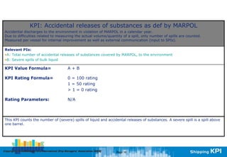 KPI: Accidental releases of substances as def by MARPOL
 Accidental discharges to the environment in violation of MARPOL in a calendar year.
 Due to difficulties related to measuring the actual volume/quantity of a spill, only number of spills are counted.
 Measured per vessel for internal improvement as well as external communication (input to SPIs).

 Relevant PIs:
 •A: Total number of accidental releases of substances covered by MARPOL, to the environment
 •B: Severe spills of bulk liquid

 KPI Value Formula=                               A+B

 KPI Rating Formula=                              0 = 100 rating
                                                  1 = 50 rating
                                                  > 1 = 0 rating

 Rating Parameters:                               N/A



 This KPI counts the number of (severe) spills of liquid and accidental releases of substances. A severe spill is a spill above
 one barrel.




Copyright © InterManager, the International Ship Managers' Association 200[8]
            InterManager,                                                       Page 16
 