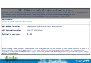 KPI: Failure of critical equipment and systems
 The total number of failures to equipment and systems in the critical list (as required by the ISM code 10.3 and defined in
 the company Safety Management System) resulting in whole or partial unavailability in a calendar year.
 Measured per vessel for internal improvement as well as external communication (input to SPIs)

 Relevant PIs:
 •Failure of critical equipment and systems


 KPI Value Formula=                               ∑Failure of critical equipment and systems

 KPI Rating Formula=                              100-(Z*KPI Value)

 Rating Parameters:                               Z= 20




 As the vessels’ critical lists may vary in size it could be argued that e.g. the number of items on the list could be used as a
 denominator for benchmarking purposes. In any case, a failure to a critical equipment or system is a serious matter,
 regardless of the number of items in the vessel’s critical list, and the KPI ’Failure to critical equipment and systems is kept
 without a denominator




Copyright © InterManager, the International Ship Managers' Association 200[8]
            InterManager,                                                       Page 40
 