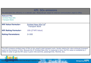 KPI: SOx emissions
 The estimated SOx efficiency in a calendar year. Measured per vessel for external communication (input to SPIs)

 Relevant PIs:
 •Emitted Mass SOx
 •Transport Work

                                                                                6
 KPI Value Formula=                               Emitted Mass SOx*10
                                                   Transport Work

 KPI Rating Formula=                              100-(Z*KPI Value)

 Rating Parameters:                               Z=500




 This KPI compares emitted mass of SOx to the vessel’s total transport work, hereby stating the value achieved (transport
 work) by the emission of SOx. Because the PI ’Emitted Mass SOx’ is measured in tons, the PI’s value is multiplied by 1
 million in order to get the KPI value in g/ton mile (tonmile, passengermile, TEUmile, etc).




Copyright © InterManager, the International Ship Managers' Association 200[8]
            InterManager,                                                           Page 63
 