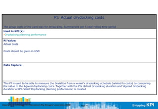 PI: Actual drydocking costs

 The actual costs of the yard stay for drydocking. Summarized per 5 year rolling time period
 Used in KPI(s):
 •Drydocking planning performance

 PI Value:
 Actual costs

 Costs should be given in USD




 Data Capture:




 This PI is used to be able to measure the deviation from a vessel's drydocking schedule (related to costs) by comparing
 the value to the Agreed drydocking costs. Together with the PIs 'Actual drydocking duration and 'Agreed drydocking
 duration' a KPI called 'Drydocking planning performance' is created




Copyright © InterManager, the International Ship Managers' Association 200[8]
            InterManager,                                                       Page 71
 