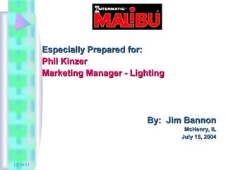 Especially Prepared for:
Phil Kinzer
Marketing Manager - Lighting

By: Jim Bannon
McHenry, IL
July 15, 2004

12/10/13

 