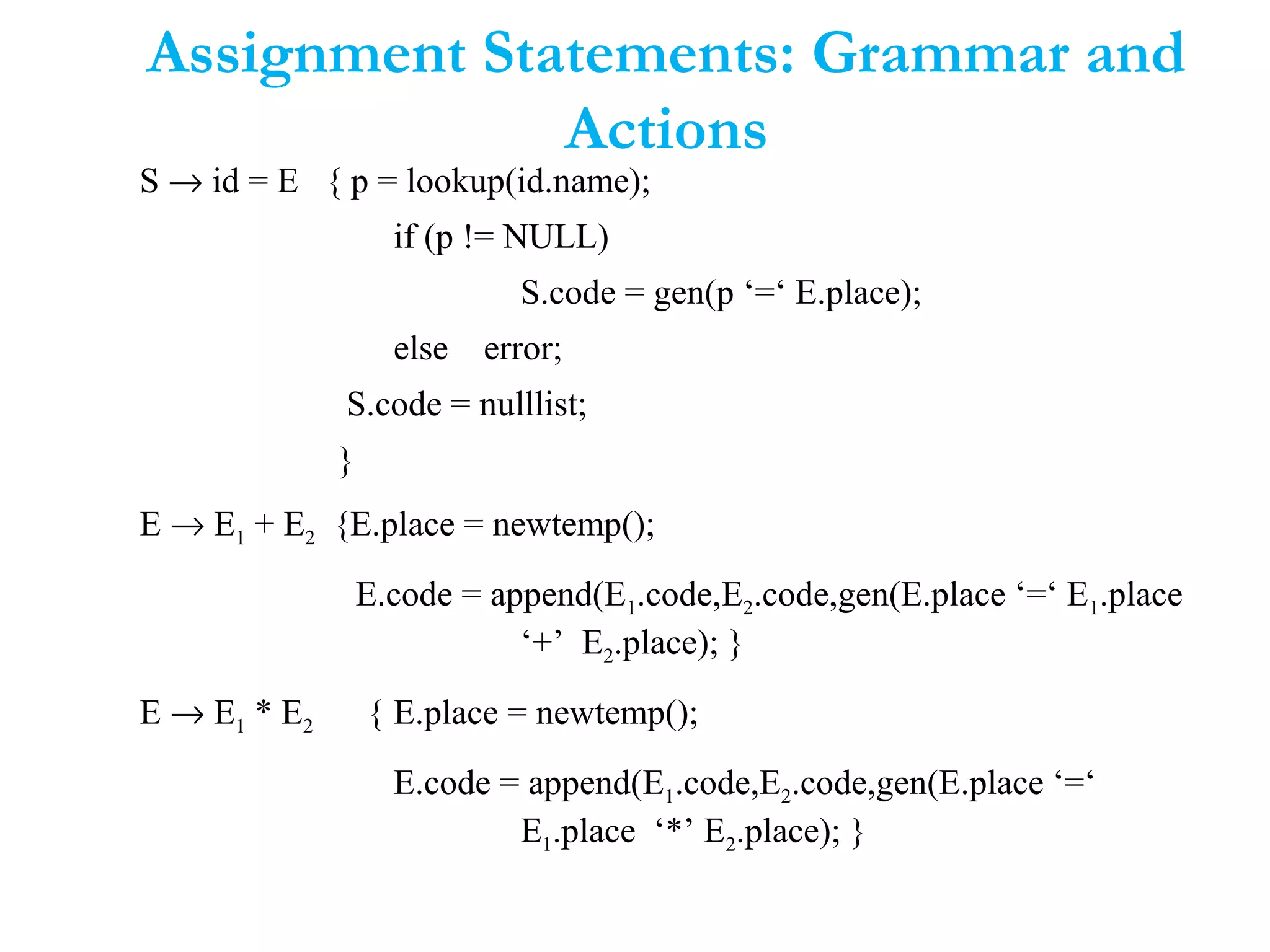 Assignment Statements: Grammar and
Actions
S → id = E { p = lookup(id.name);
if (p != NULL)
S.code = gen(p ‘=‘ E.place);
else error;
S.code = nulllist;
}
E → E1 + E2 {E.place = newtemp();
E.code = append(E1.code,E2.code,gen(E.place ‘=‘ E1.place
‘+’ E2.place); }
E → E1 * E2 { E.place = newtemp();
E.code = append(E1.code,E2.code,gen(E.place ‘=‘
E1.place ‘*’ E2.place); }
 