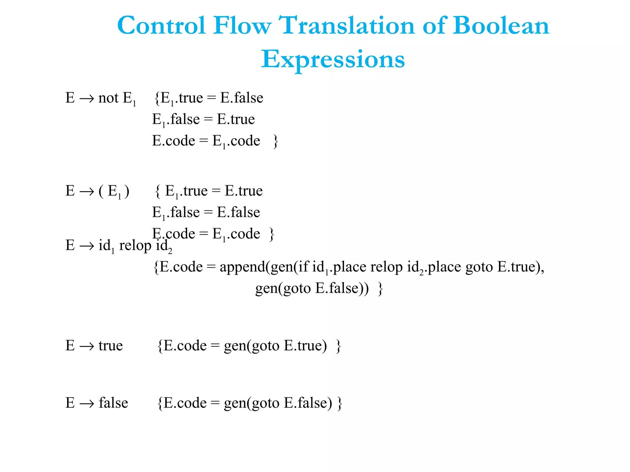 Control Flow Translation of Boolean
Expressions
E → id1 relop id2
{E.code = append(gen(if id1.place relop id2.place goto E.true),
gen(goto E.false)) }
E → true {E.code = gen(goto E.true) }
E → false {E.code = gen(goto E.false) }
E → not E1 {E1.true = E.false
E1.false = E.true
E.code = E1.code }
E → ( E1 ) { E1.true = E.true
E1.false = E.false
E.code = E1.code }
 