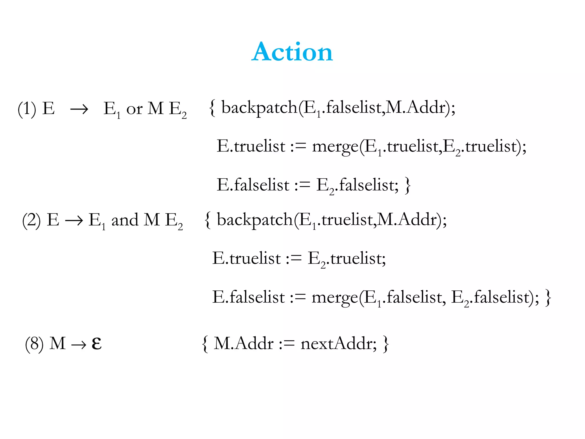 Action
(8) M → ε { M.Addr := nextAddr; }
(1) E → E1 or M E2
{ backpatch(E1.falselist,M.Addr);
E.truelist := merge(E1.truelist,E2.truelist);
E.falselist := E2.falselist; }
(2) E → E1 and M E2 { backpatch(E1.truelist,M.Addr);
E.truelist := E2.truelist;
E.falselist := merge(E1.falselist, E2.falselist); }
 