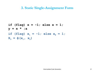 Intermediate-Code Generation 21
3. Static Single-Assignment Form
if (flag) x = -1; else x = 1;
y = x * ;a
if (flag) x1 = -1; else x2 = 1;
X3 = φ(x1, x2)
 