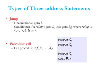 Types of Three-address Statements
• Jump
– Unconditional: goto L
– Conditional: if x relop y goto L1 [else goto L2], where relop is
<,=, >, , or ≠.≧ ≦
• Procedure call
– Call procedure P(X1,X2, . . . ,Xn)
PARAM X1
PARAM X2
...
PARAM Xn
CALL P, n
 