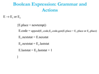 Boolean Expression: Grammar and
Actions
E → E1 or E2
{E.place = newtemp()
E.code = append(E1.code,E2.code,gen(E.place = E1.place or E2.place)
E1.nextstat = E.nexstat
E2.nextstat = E1.laststat
E.laststat = E2.laststat + 1
}
 