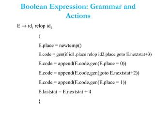 Boolean Expression: Grammar and
Actions
E → id1 relop id2
{
E.place = newtemp()
E.code = gen(if id1.place relop id2.place goto E.nextstat+3)
E.code = append(E.code,gen(E.place = 0))
E.code = append(E.code,gen(goto E.nextstat+2))
E.code = append(E.code,gen(E.place = 1))
E.laststat = E.nextstat + 4
}
 