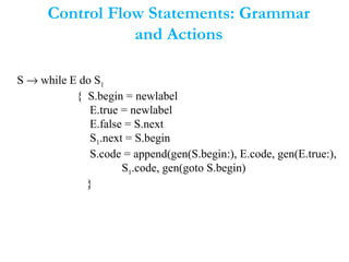 Control Flow Statements: Grammar
and Actions
S → while E do S1
{ S.begin = newlabel
E.true = newlabel
E.false = S.next
S1.next = S.begin
S.code = append(gen(S.begin:), E.code, gen(E.true:),
S1.code, gen(goto S.begin)
}
 