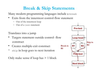 Break & Skip Statements
Many modern programming languages include a break
• Exits from the innermost control-flow statement
– Out of the innermost loop
– Out of a case statement
Translates into a jump
• Targets statement outside control- flow
construct
• Creates multiple-exit construct
• skip in loop goes to next iteration
Only make sense if loop has > 1 block
Pre-test
Loop head
Post-test
Next block
B1 B2Break in
B1
Skip in
B2
 