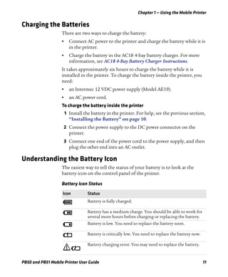 Chapter 1 — Using the Mobile Printer
PB50 and PB51 Mobile Printer User Guide 11
Charging the Batteries
There are two ways to charge the battery:
• Connect AC power to the printer and charge the battery while it is
in the printer.
• Charge the battery in the AC18 4-bay battery charger. For more
information, see AC18 4-Bay Battery Charger Instructions.
It takes approximately six hours to charge the battery while it is
installed in the printer. To charge the battery inside the printer, you
need:
• an Intermec 12 VDC power supply (Model AE19).
• an AC power cord.
To charge the battery inside the printer
1 Install the battery in the printer. For help, see the previous section,
“Installing the Battery” on page 10.
2 Connect the power supply to the DC power connector on the
printer.
3 Connect one end of the power cord to the power supply, and then
plug the other end into an AC outlet.
Understanding the Battery Icon
The easiest way to tell the status of your battery is to look at the
battery icon on the control panel of the printer.
Battery Icon Status
Icon Status
Battery is fully charged.
Battery has a medium charge. You should be able to work for
several more hours before charging or replacing the battery.
Battery is low. You need to replace the battery soon.
Battery is critically low. You need to replace the battery now.
Battery charging error. You may need to replace the battery.
 
