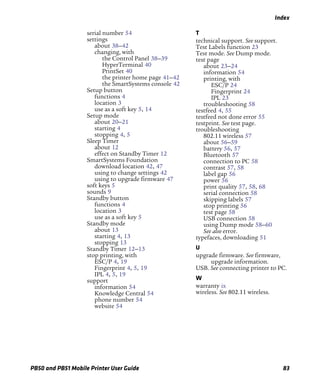 Index
PB50 and PB51 Mobile Printer User Guide 83
serial number 54
settings
about 38–42
changing, with
the Control Panel 38–39
HyperTerminal 40
PrintSet 40
the printer home page 41–42
the SmartSystems console 42
Setup button
functions 4
location 3
use as a soft key 5, 14
Setup mode
about 20–21
starting 4
stopping 4, 5
Sleep Timer
about 12
effect on Standby Timer 12
SmartSystems Foundation
download location 42, 47
using to change settings 42
using to upgrade firmware 47
soft keys 5
sounds 9
Standby button
functions 4
location 3
use as a soft key 5
Standby mode
about 13
starting 4, 13
stopping 13
Standby Timer 12–13
stop printing, with
ESC/P 4, 19
Fingerprint 4, 5, 19
IPL 4, 5, 19
support
information 54
Knowledge Central 54
phone number 54
website 54
T
technical support. See support.
Test Labels function 23
Test mode. See Dump mode.
test page
about 23–24
information 54
printing, with
ESC/P 24
Fingerprint 24
IPL 23
troubleshooting 58
testfeed 4, 55
testfeed not done error 55
testprint. See test page.
troubleshooting
802.11 wireless 57
about 56–59
battery 56, 57
Bluetooth 57
connection to PC 58
contrast 57, 58
label gap 56
power 56
print quality 57, 58, 68
serial connection 58
skipping labels 57
stop printing 56
test page 58
USB connection 58
using Dump mode 58–60
See also error.
typefaces, downloading 51
U
upgrade firmware. See firmware,
upgrade information.
USB. See connecting printer to PC.
W
warranty ix
wireless. See 802.11 wireless.
 