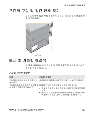 장 5 — 프린터 문제 해결
PD43 및 PD43c 상용 프린터 사용 설명서 107
프린터 구성 및 일련 번호 찾기
프린터 밑면에 있는 제품 라벨에서 프린터 구성 및 일련 번호를 찾
을 수 있습니다 .
문제 및 가능한 해결책
이 표를 사용하여 발생 가능한 몇 가지 공통적인 문제를 파악하고
문제를 해결해 보십시오 .
문제 및 가능한 해결책
문제 가능한 해결책
프린터에 용지가 제대로 급지되지
않습니다 .
용지함에서 용지를 꺼내고 용지를 다시 넣어 보십시오 .
프린터가 PC 의 직렬 포트에 연결되
어 있지만 작동하지 않습니다 .
다음의 가능한 해결책을 순서대로 시도합니다 .
• 직렬 포트 설정이 올바르게 구성되어 있는지 확인하십
시오 .
• RS-232 프린터용 Intermec Windows 드라이버가 PC
에 설치되어 있는 경우 드라이버를 제거하십시오 .
 