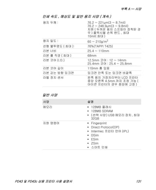 부록 A — 사양
PD43 및 PD43c 상용 프린터 사용 설명서 131
용지 두께 : 76.2 ~ 221µm(3 ~ 8.7mil)
76.2 ~ 248.9µm(3 ~ 9.8mil)
지원 ( 두꺼운 용지 스프링이 장착된 경
우 ) 플렉시블 손목 밴드 , 최대
10mil( 최대 )
용지 밀도 : 60 ~ 210g/m2
선형 불투명도 ( 최대 ): 76%(TAPPI T425)
리본 너비 25.4 ~ 110mm
리본 롤 직경 ( 최대 ) 68mm
리본 코어 (I.D.) 12.5mm 코어 : 12 ~ 14mm
25.4mm 코어 : 25.4 ~ 25.8mm
리본 코어 길이 110mm 홈 있음
리본 감는 방향 잉크면 잉크면 안쪽 또는 잉크면 바깥쪽
라벨 정지 센서 왼쪽 용지 가장자리부터 LCD 프린터
중앙 오른쪽 4.5mm 까지 조정 가능 (
아이콘 프린터의 경우 중앙에 고정 )
일반 사양
사양 설명
메모리 • 128MB 플래시
• 128MB SDRAM
• (선택 사양) USB 메모리 장치, 최대
32GB
지원 명령어 • Fingerprint
• Direct Protocol(DP)
• Intermec 프린터 언어 (IPL)
• DSim
• ESim
• ZSim
• 스마트 인쇄
인쇄 속도 , 해상도 및 일반 용지 사양 ( 계속 )
 
