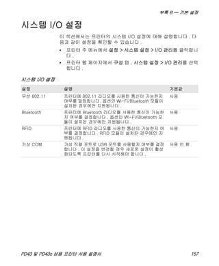 부록 B — 기본 설정
PD43 및 PD43c 상용 프린터 사용 설명서 157
시스템 I/O 설정
이 섹션에서는 프린터의 시스템 I/O 설정에 대해 설명합니다 . 다
음과 같이 설정을 확인할 수 있습니다 .
• 프린터 주 메뉴에서 설정 > 시스템 설정 > I/O 관리를 클릭합니
다 .
• 프린터 웹 페이지에서 구성 탭 , 시스템 설정 > I/O 관리를 선택
합니다 .
시스템 I/O 설정
설정 설명 기본값
무선 802.11 프린터에 802.11 라디오를 사용한 통신이 가능한지
여부를 결정합니다. 옵션인 Wi-Fi/Bluetooth 모듈이
설치된 경우에만 지원됩니다 .
사용
Bluetooth 프린터에 Bluetooth 라디오를 사용한 통신이 가능한
지 여부를 결정합니다 . 옵션인 Wi-Fi/Bluetooth 모
듈이 설치된 경우에만 지원됩니다 .
사용
RFID 프린터에 RFID 라디오를 사용한 통신이 가능한지 여
부를 결정합니다 . RFID 모듈이 설치된 경우에만 지
원됩니다 .
사용
가상 COM 가상 직렬 포트로 USB 포트를 사용할지 여부를 결정
합니다 . 이 설정을 변경할 경우 새로운 설정이 활성
화되도록 프린터를 다시 시작해야 합니다 .
사용 안 함
 