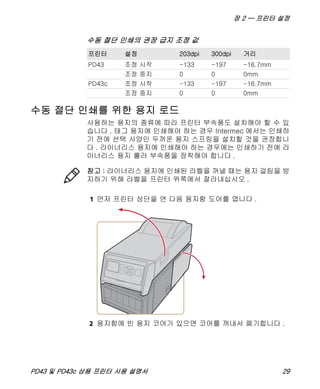 장 2 — 프린터 설정
PD43 및 PD43c 상용 프린터 사용 설명서 29
수동 절단 인쇄를 위한 용지 로드
사용하는 용지의 종류에 따라 프린터 부속품도 설치해야 할 수 있
습니다 . 태그 용지에 인쇄해야 하는 경우 Intermec 에서는 인쇄하
기 전에 선택 사양인 두꺼운 용지 스프링을 설치할 것을 권장합니
다 . 라이너리스 용지에 인쇄해야 하는 경우에는 인쇄하기 전에 라
이너리스 용지 롤러 부속품을 장착해야 합니다 .
1 먼저 프린터 상단을 연 다음 용지함 도어를 엽니다 .
2 용지함에 빈 용지 코어가 있으면 코어를 꺼내서 폐기합니다 .
수동 절단 인쇄의 권장 급지 조정 값
프린터 설정 203dpi 300dpi 거리
PD43 조정 시작 -133 -197 -16.7mm
조정 중지 0 0 0mm
PD43c 조정 시작 -133 -197 -16.7mm
조정 중지 0 0 0mm
참고 : 라이너리스 용지에 인쇄된 라벨을 꺼낼 때는 용지 걸림을 방
지하기 위해 라벨을 프린터 위쪽에서 잘라내십시오 .
 