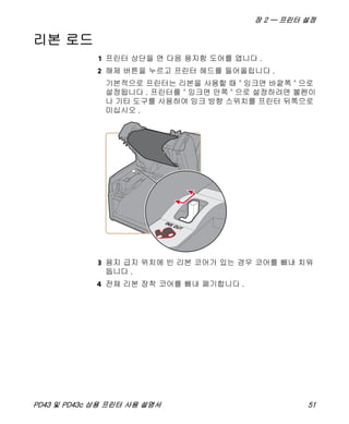 장 2 — 프린터 설정
PD43 및 PD43c 상용 프린터 사용 설명서 51
리본 로드
1 프린터 상단을 연 다음 용지함 도어를 엽니다 .
2 해제 버튼을 누르고 프린터 헤드를 들어올립니다 .
기본적으로 프린터는 리본을 사용할 때 " 잉크면 바깥쪽 " 으로
설정됩니다 . 프린터를 " 잉크면 안쪽 " 으로 설정하려면 볼펜이
나 기타 도구를 사용하여 잉크 방향 스위치를 프린터 뒤쪽으로
미십시오 .
3 용지 급지 위치에 빈 리본 코어가 있는 경우 코어를 빼내 치워
둡니다 .
4 전체 리본 장착 코어를 빼내 폐기합니다 .
INK OUT
 