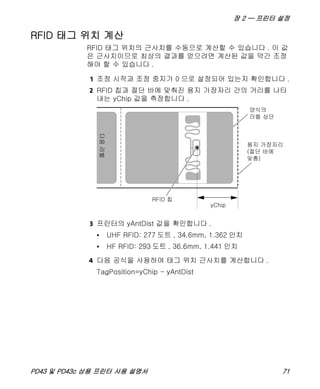 장 2 — 프린터 설정
PD43 및 PD43c 상용 프린터 사용 설명서 71
RFID 태그 위치 계산
RFID 태그 위치의 근사치를 수동으로 계산할 수 있습니다 . 이 값
은 근사치이므로 최상의 결과를 얻으려면 계산된 값을 약간 조정
해야 할 수 있습니다 .
1 조정 시작과 조정 중지가 0 으로 설정되어 있는지 확인합니다 .
2 RFID 칩과 절단 바에 맞춰진 용지 가장자리 간의 거리를 나타
내는 yChip 값을 측정합니다 .
3 프린터의 yAntDist 값을 확인합니다 .
• UHF RFID: 277 도트 , 34.6mm, 1.362 인치
• HF RFID: 293 도트 , 36.6mm, 1.441 인치
4 다음 공식을 사용하여 태그 위치 근사치를 계산합니다 .
TagPosition=yChip - yAntDist
 