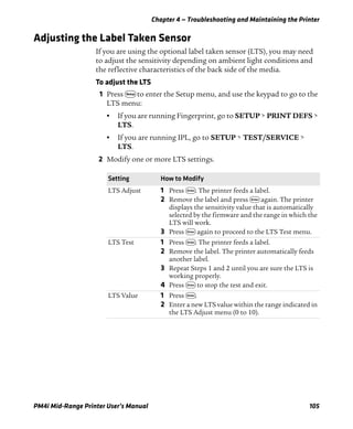 Chapter 4 — Troubleshooting and Maintaining the Printer
PM4i Mid-Range Printer User’s Manual 105
Adjusting the Label Taken Sensor
If you are using the optional label taken sensor (LTS), you may need
to adjust the sensitivity depending on ambient light conditions and
the reflective characteristics of the back side of the media.
To adjust the LTS
1 Press T to enter the Setup menu, and use the keypad to go to the
LTS menu:
• If you are running Fingerprint, go to SETUP > PRINT DEFS >
LTS.
• If you are running IPL, go to SETUP > TEST/SERVICE >
LTS.
2 Modify one or more LTS settings.
Setting How to Modify
LTS Adjust 1 Press E. The printer feeds a label.
2 Remove the label and press E again. The printer
displays the sensitivity value that is automatically
selected by the firmware and the range in which the
LTS will work.
3 Press E again to proceed to the LTS Test menu.
LTS Test 1 Press E. The printer feeds a label.
2 Remove the label. The printer automatically feeds
another label.
3 Repeat Steps 1 and 2 until you are sure the LTS is
working properly.
4 Press E to stop the test and exit.
LTS Value 1 Press E.
2 Enter a new LTS value within the range indicated in
the LTS Adjust menu (0 to 10).
 