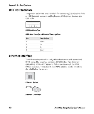 Appendix A — Specifications
118 PM4i Mid-Range Printer User’s Manual
USB Host Interface
The printer has a USB host interface for connecting USB devices such
as HID bar code scanners and keyboards, USB storage devices, and
USB hubs.
USB Host Interface
Ethernet Interface
The Ethernet interface has an RJ-45 socket for use with a standard
RJ-45 cable. The interface supports 10/100 Mbps Fast Ethernet
(10BASE-T, 100BASE-TX) and is fully compliant with the IEEE
802.3u standard. The network card MAC address can be found on
the label below the socket.
Ethernet Socket
Ethernet Connector
USB Host Interface Pins and Descriptions
Pin Description
1 VBUS
2 D-
3 D+
4 Gnd
1 2 3 4
 